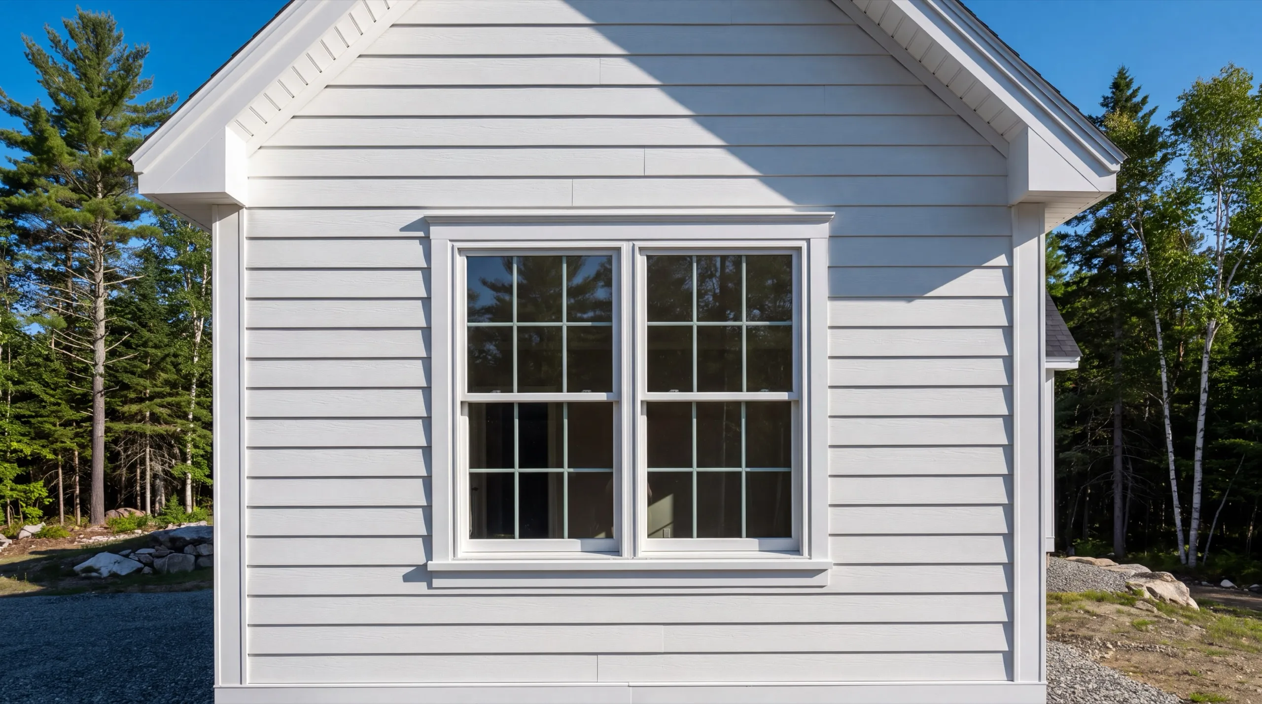 Siding installer Dresden Maine: white lap siding gable with wide window casing, corner boards and eave returns