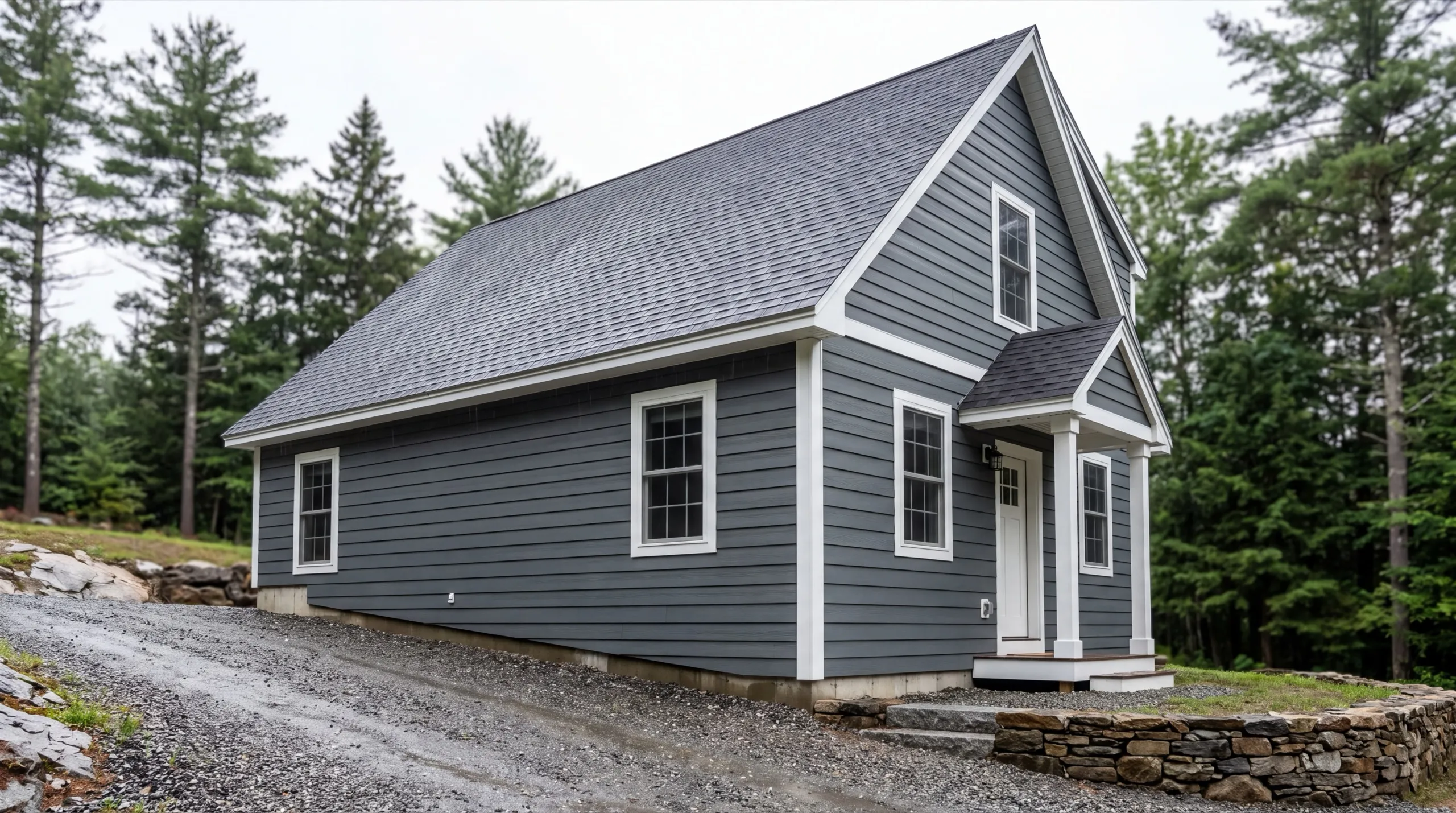 Siding contractor Farmingdale Maine: finished gray-blue cape with lap siding, white trim and a gable entry