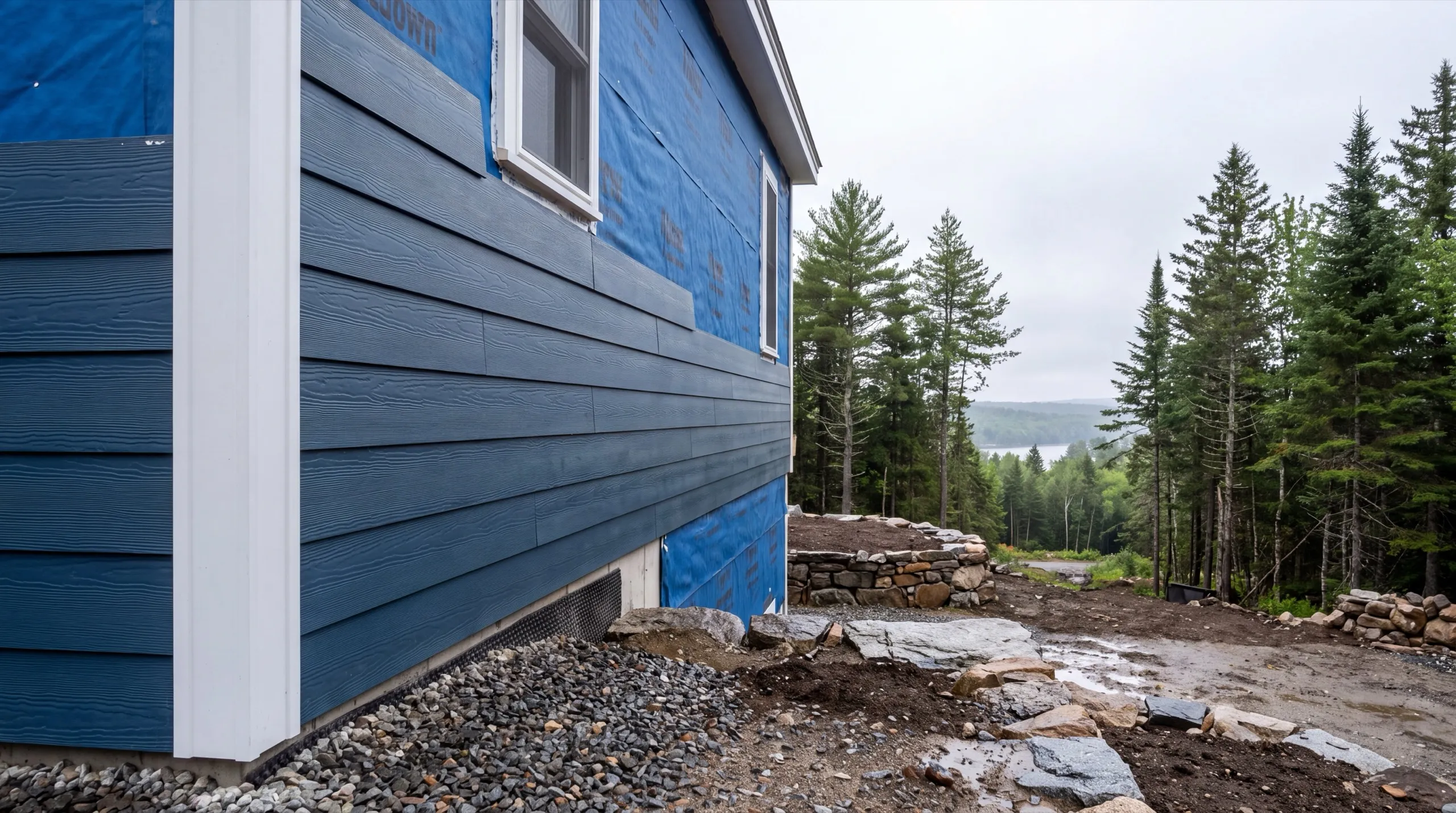 Siding contractor Farmingdale Maine: blue lap siding going up over blue house wrap beside a window