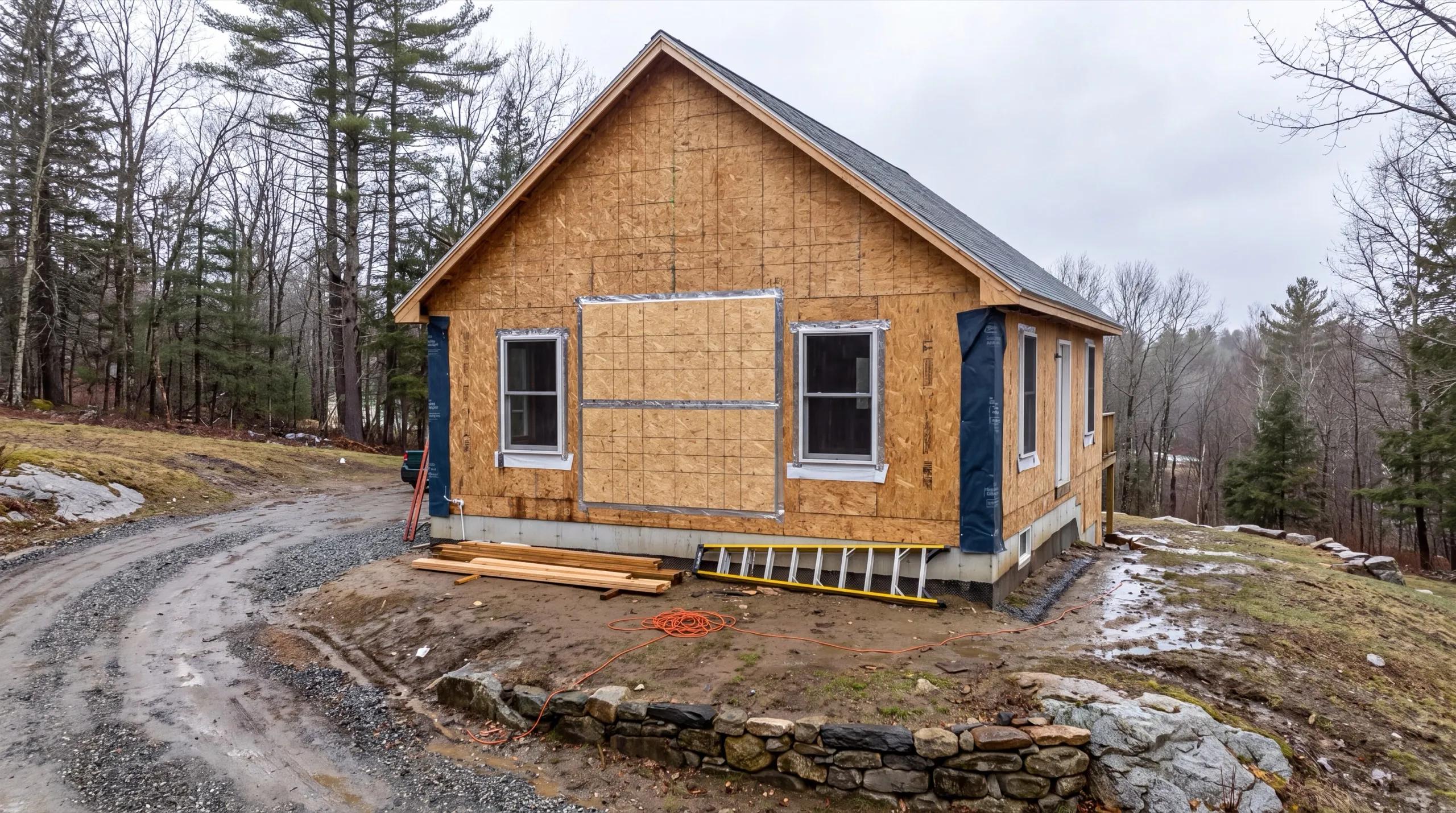 Cape in bare sheathing with a boarded opening, ladder and lumber on mud in Farmingdale, Maine