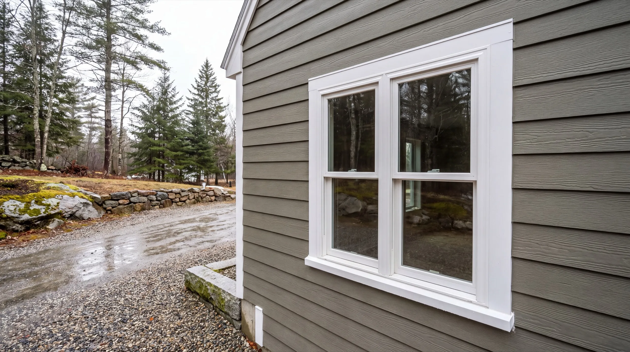 Siding installer Farmingdale Maine: gray lap siding around a white double window with wide casing and sill