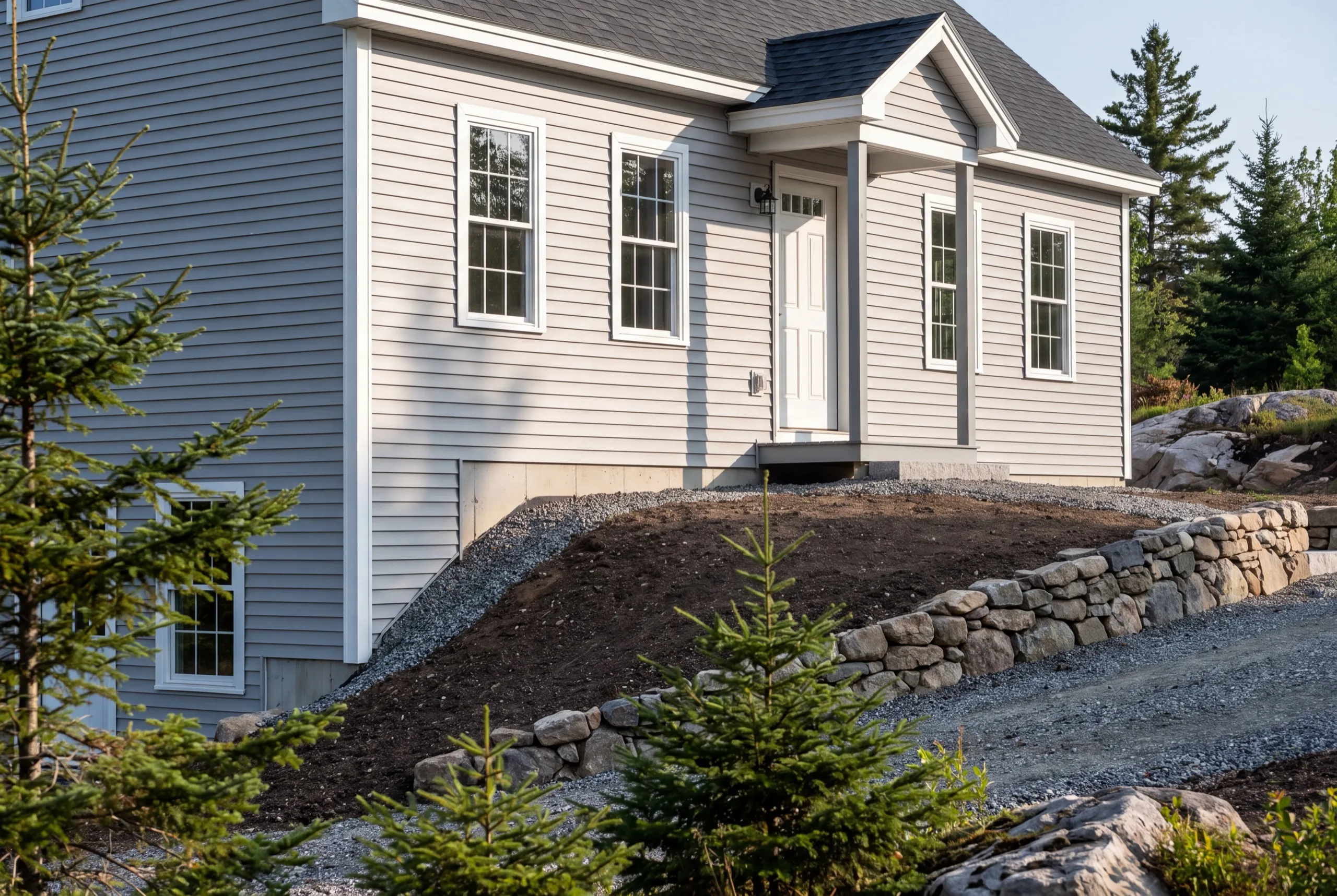 Siding contractor Farmingdale Maine: finished house with gray vinyl siding above a sloped bed and stone wall