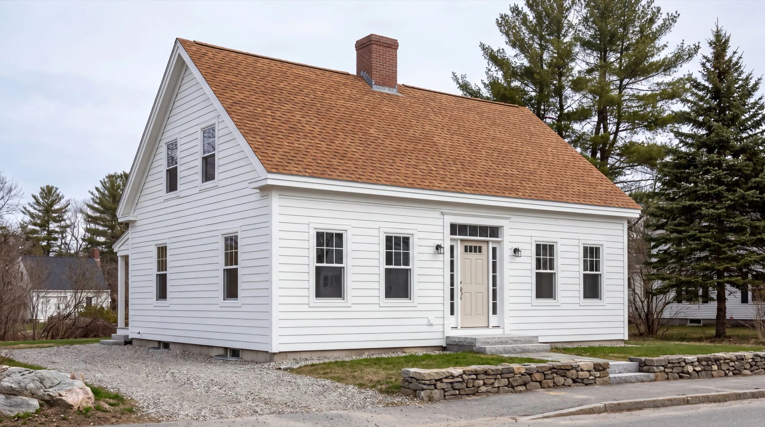 Siding contractor Gardiner Maine: finished white cape with lap siding, a brown roof and a brick chimney