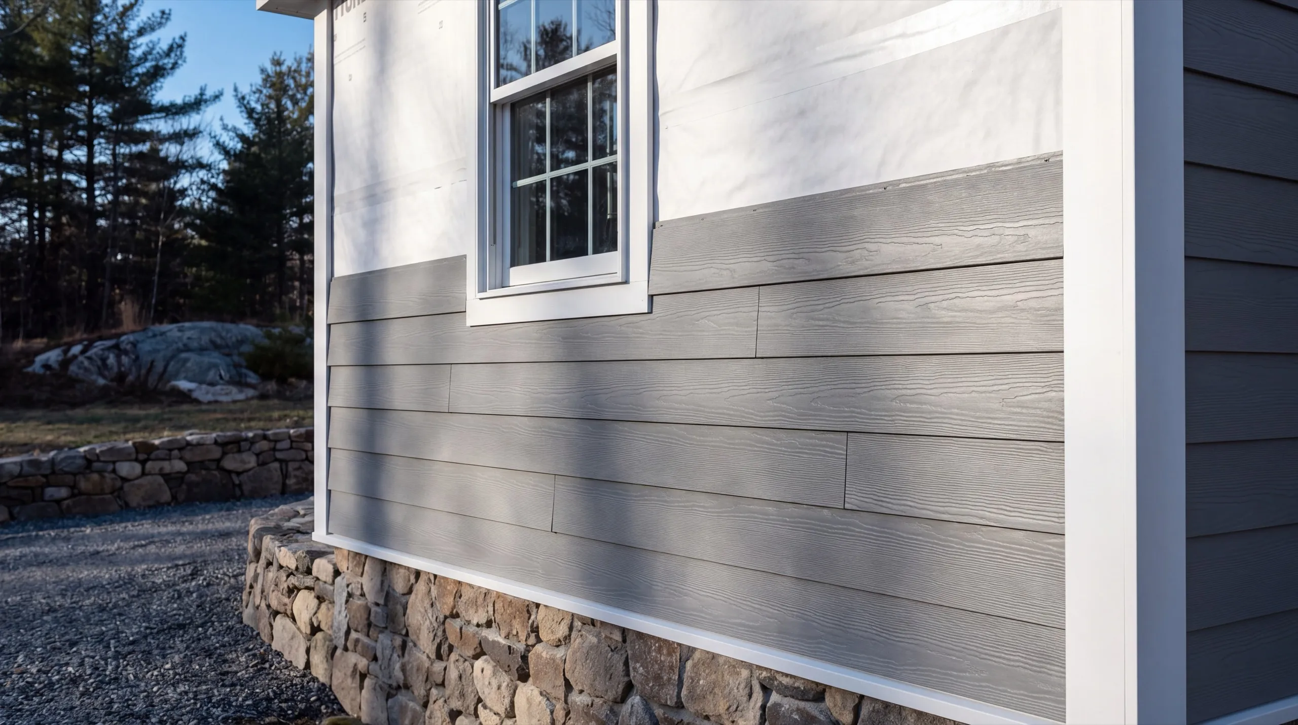 Siding contractor Gardiner Maine: gray lap siding going up over white house wrap below a window