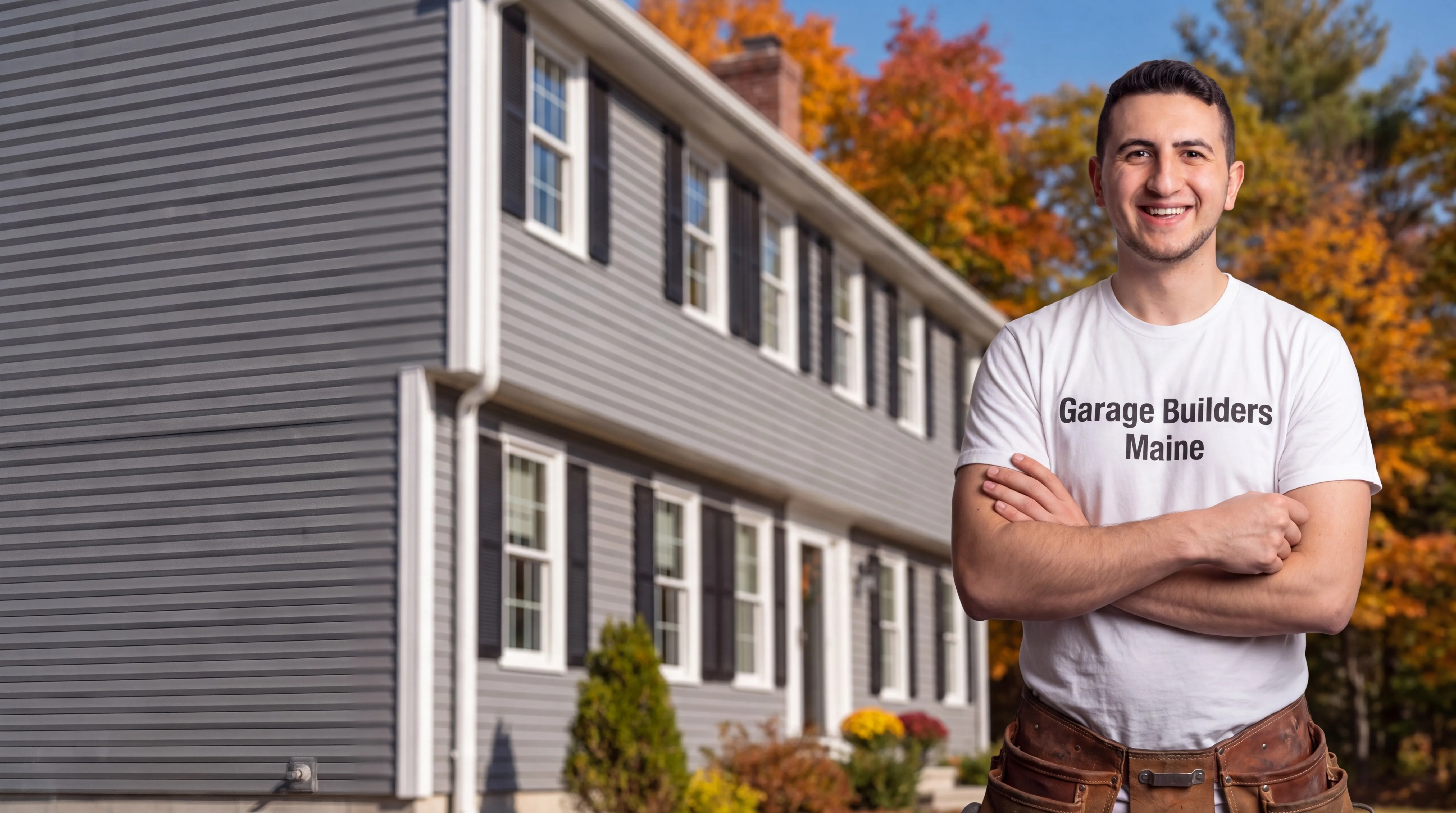 Siding contractor Gardiner Maine: owner with arms crossed in front of a gray vinyl-sided colonial with black shutters