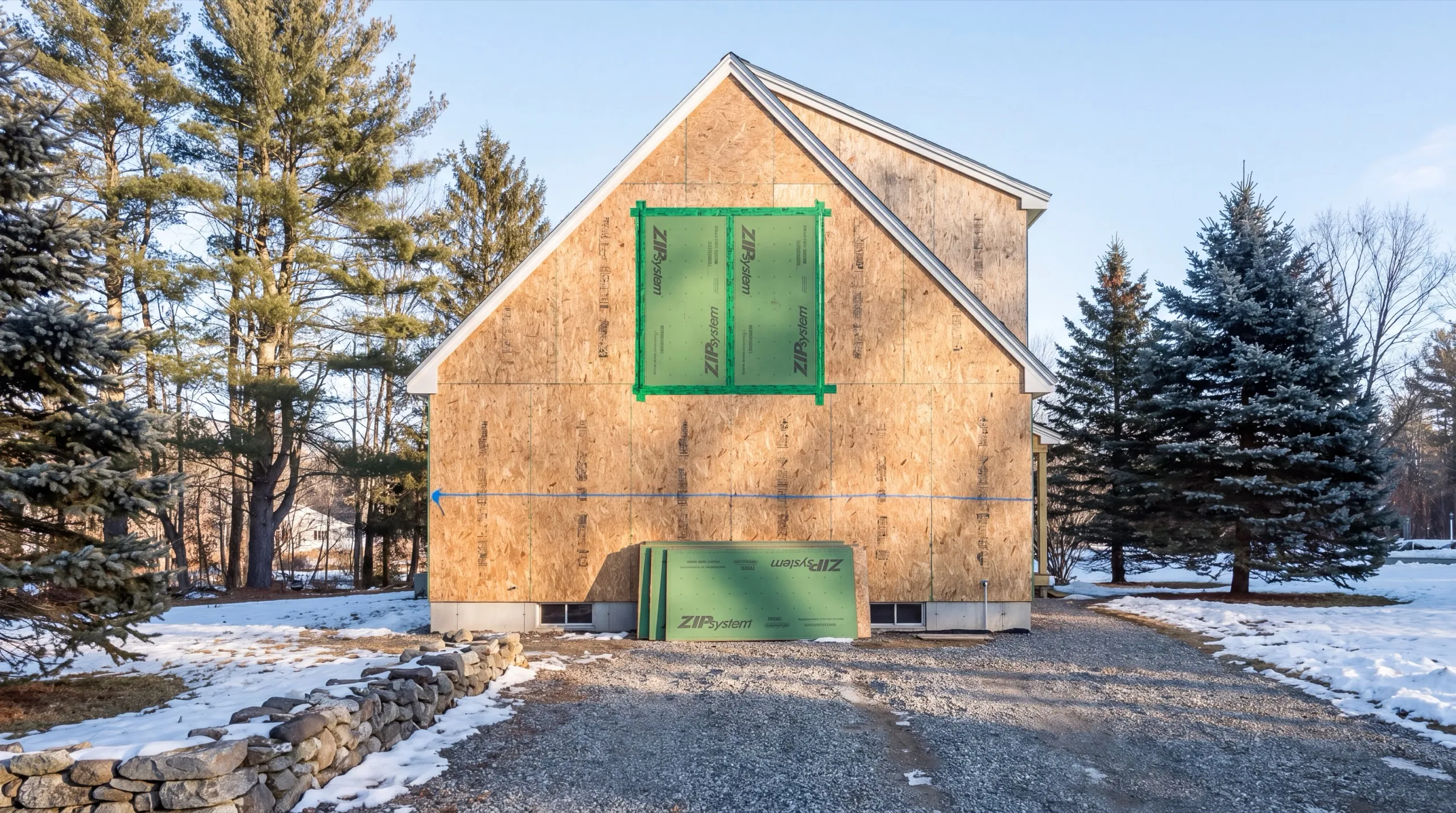 Gable wall in bare sheathing with green panels patched in and leaned below in Gardiner, Maine