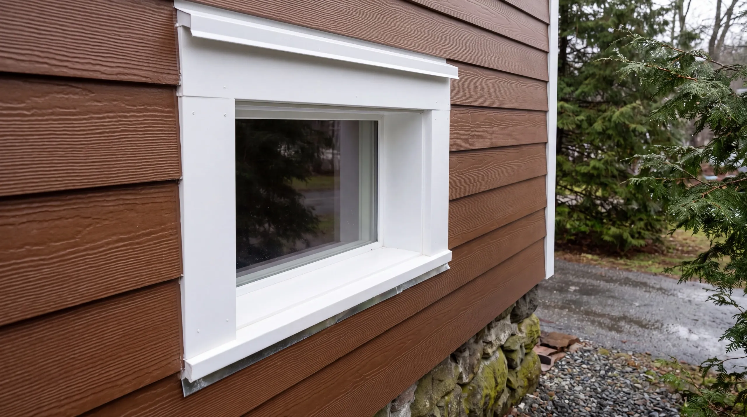 Siding installer Gardiner Maine: brown lap siding around a white window casing with head cap and sill flashing