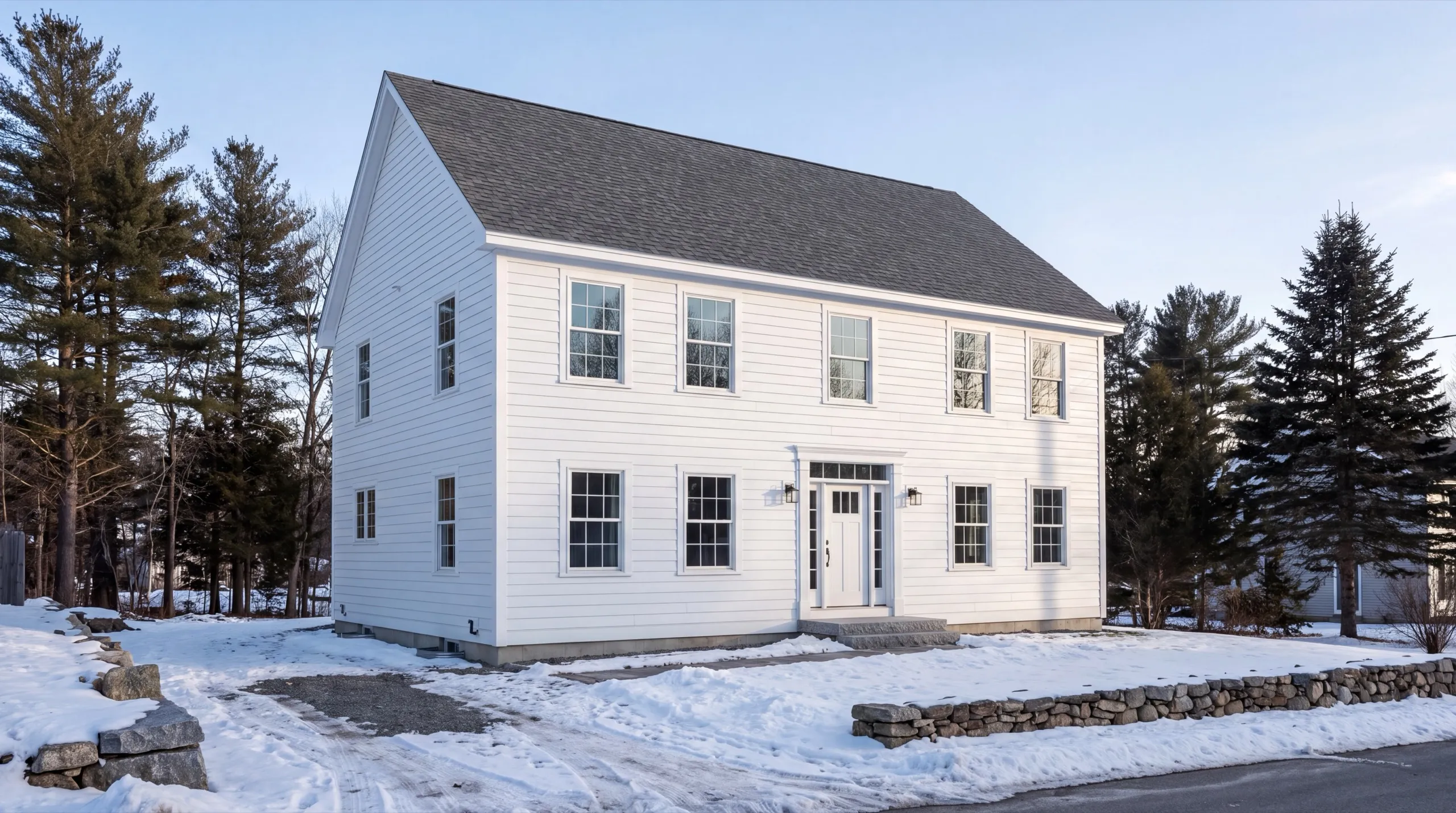 Siding contractor Hallowell Maine: finished white two-story colonial with lap siding behind a snowy yard