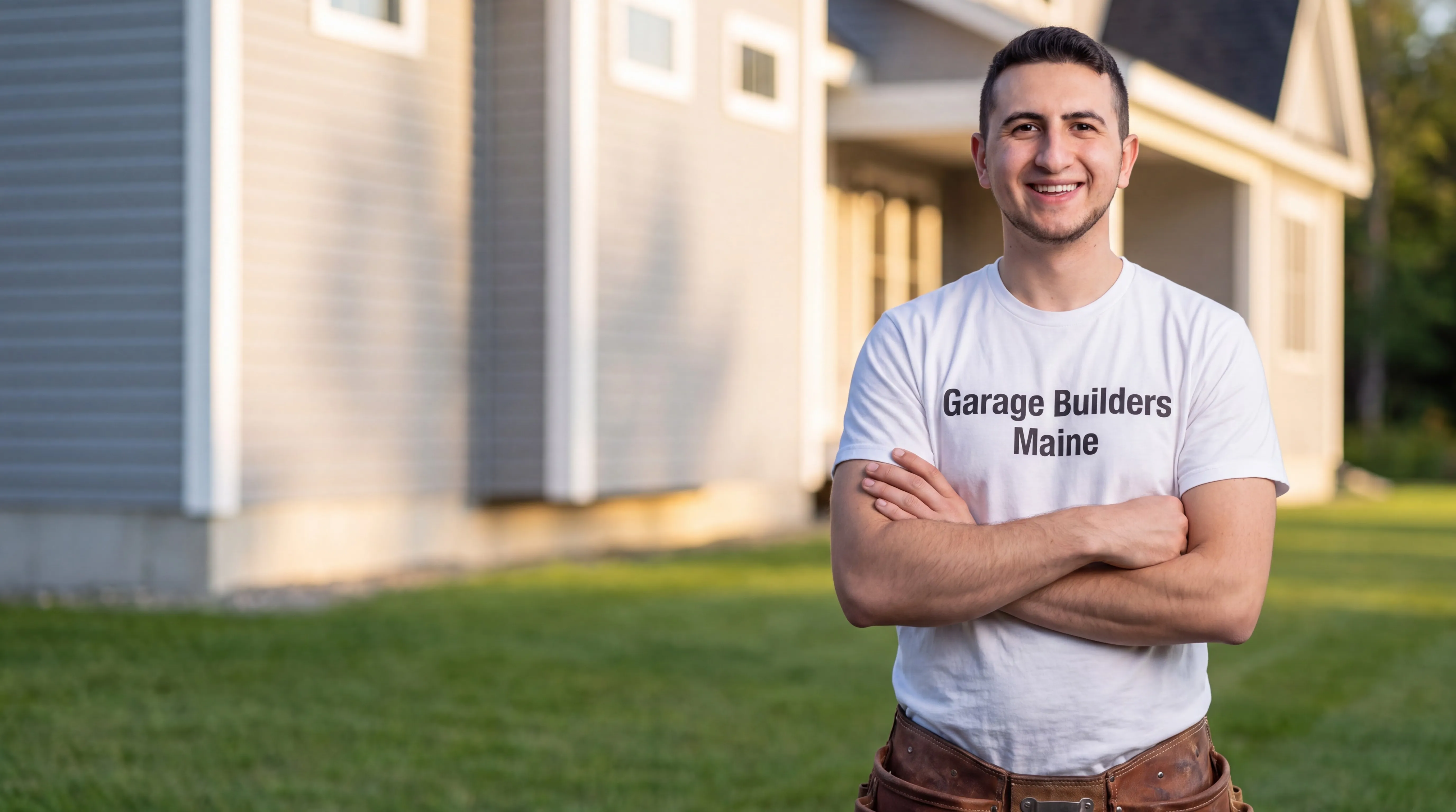 Siding contractor Hallowell Maine: owner with arms crossed on a lawn in front of a gray vinyl-sided house