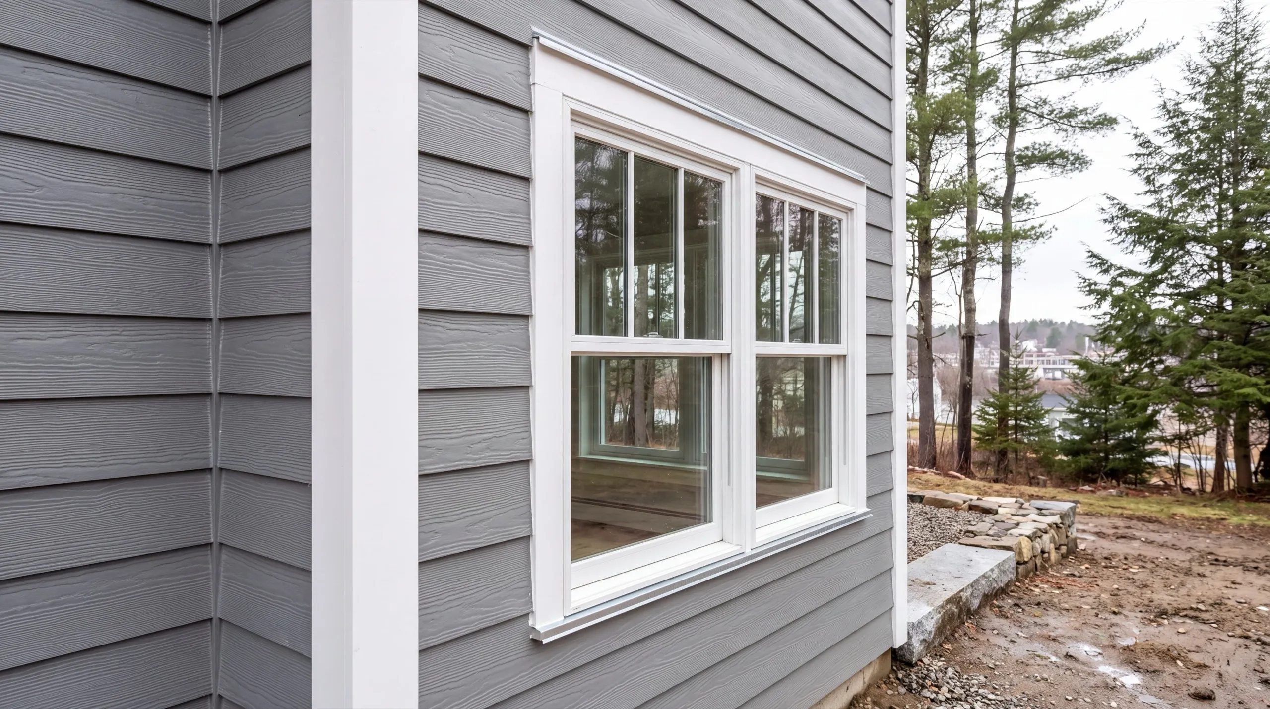 Siding installer Hallowell Maine: gray lap siding with a white corner board and a window drip cap