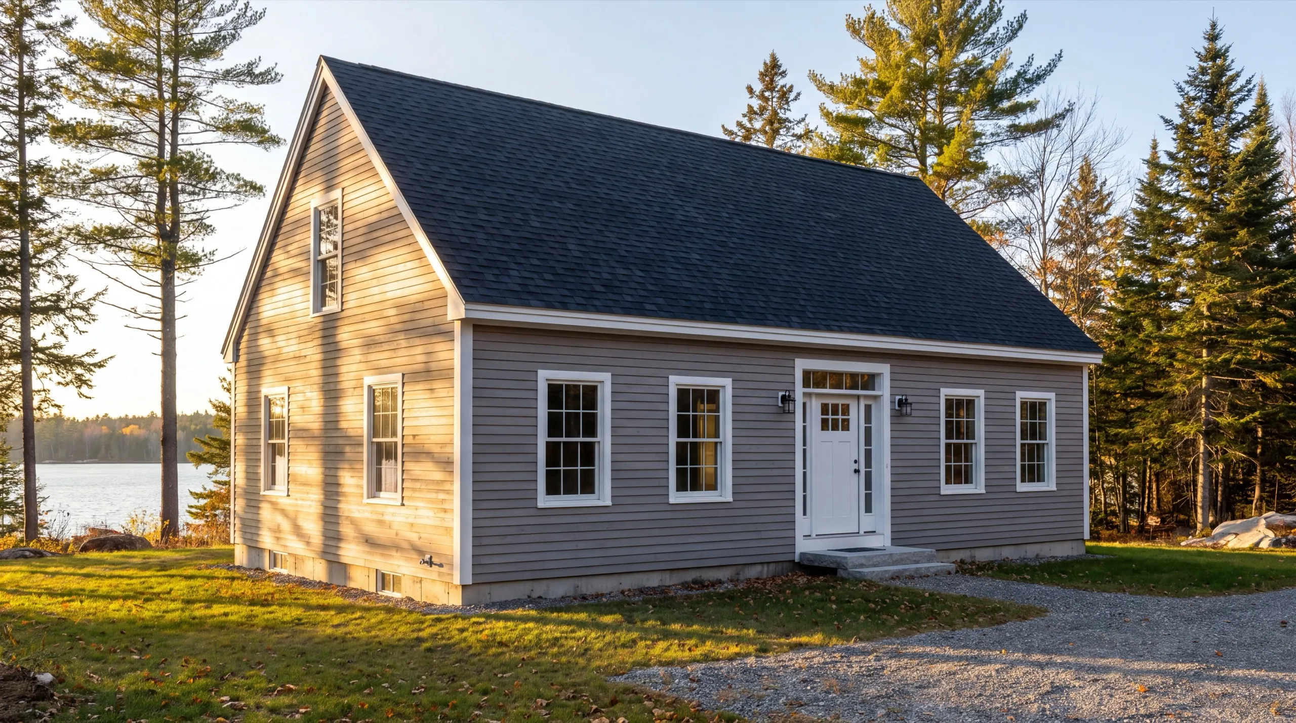 Siding contractor Jefferson Maine: finished gray cape with lap siding and white trim in front of a lake