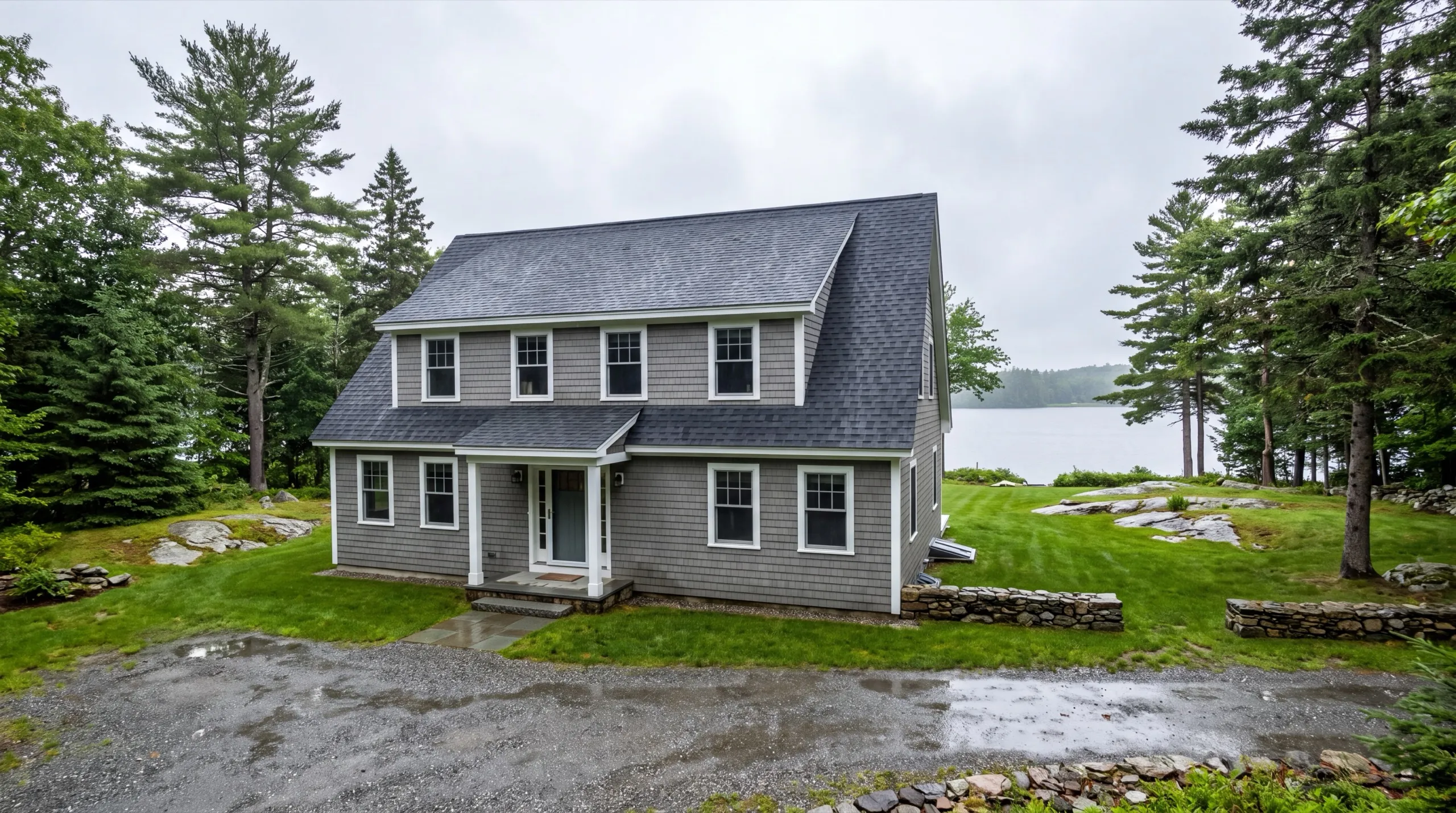 Siding contractor in Jefferson, ME: finished gray cedar-shingled house with a front porch above a lake
