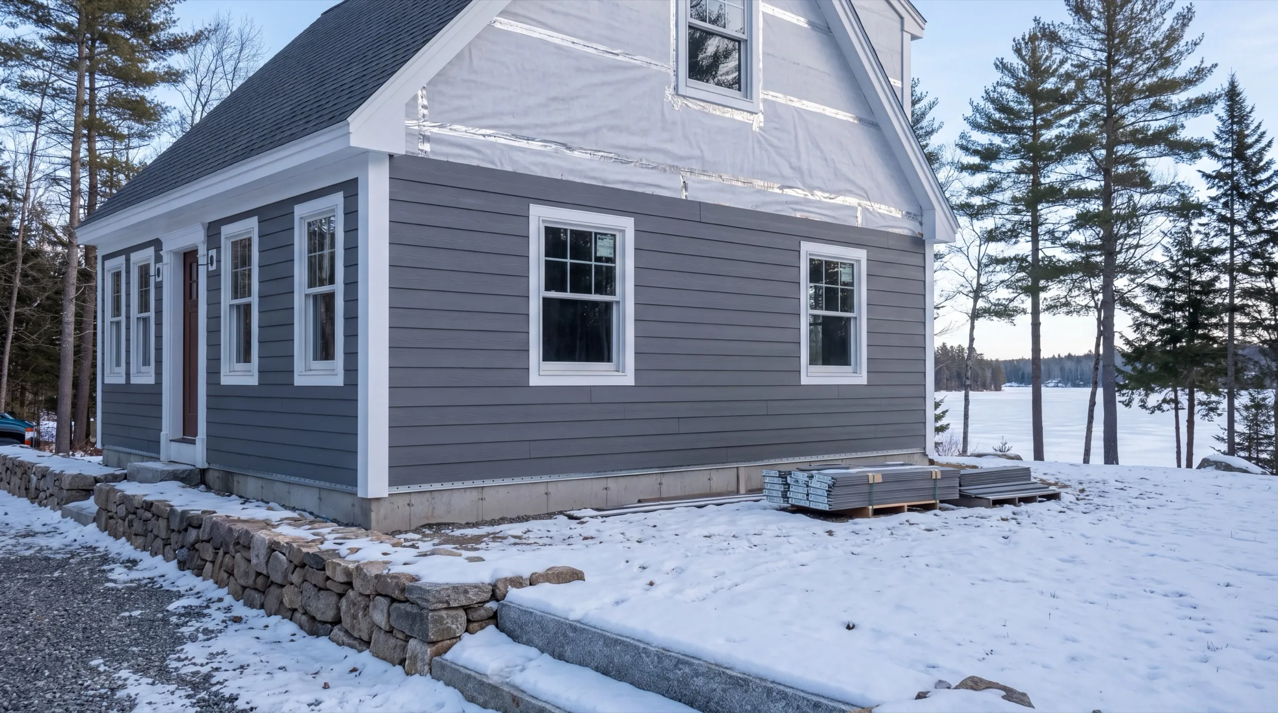 Siding contractor Jefferson Maine: gray lap siding on the first floor, gable in house wrap, bundles in snow