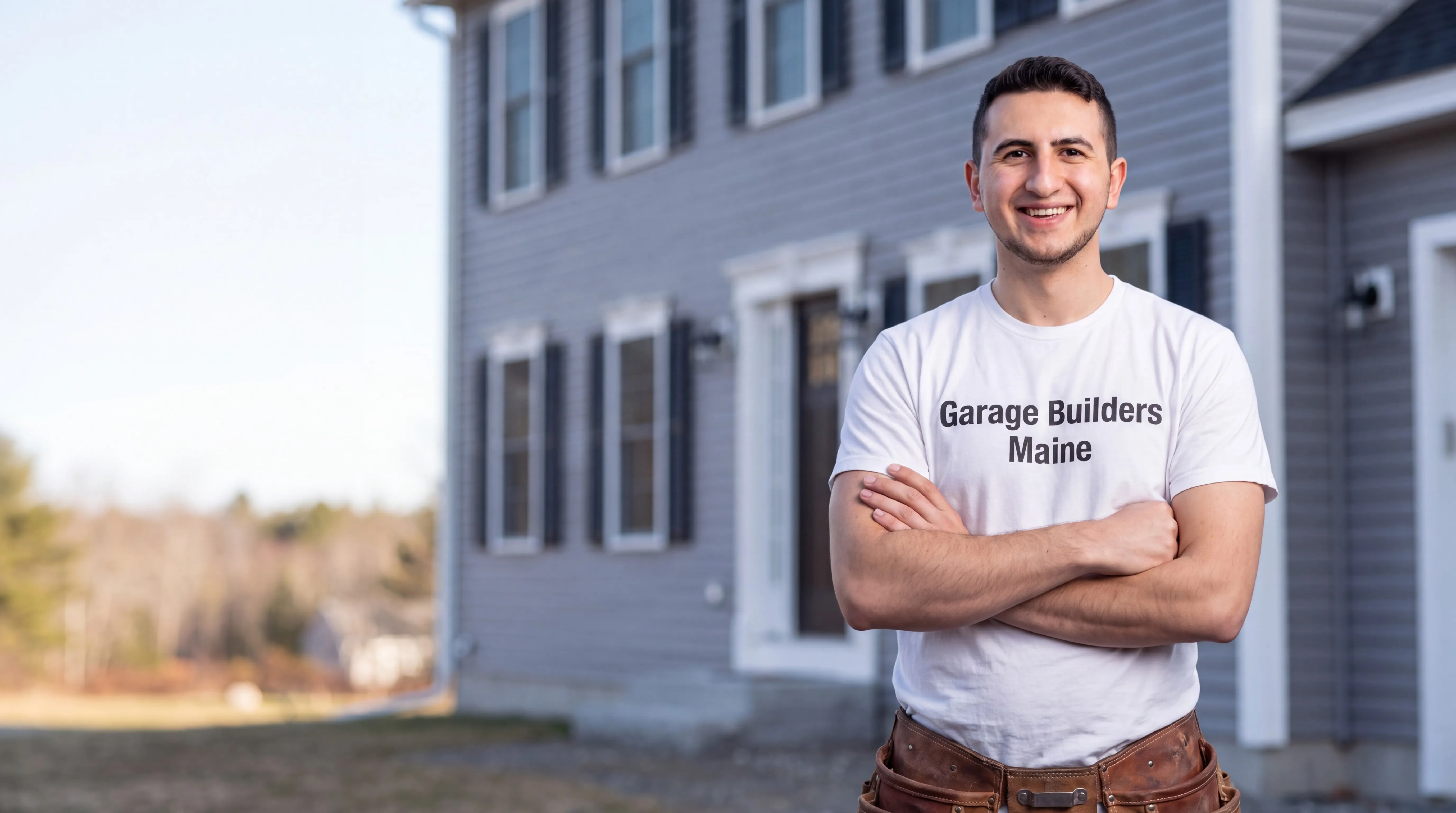 Owner of Garage Builders Maine standing with his arms crossed and smiling at a Maine job site