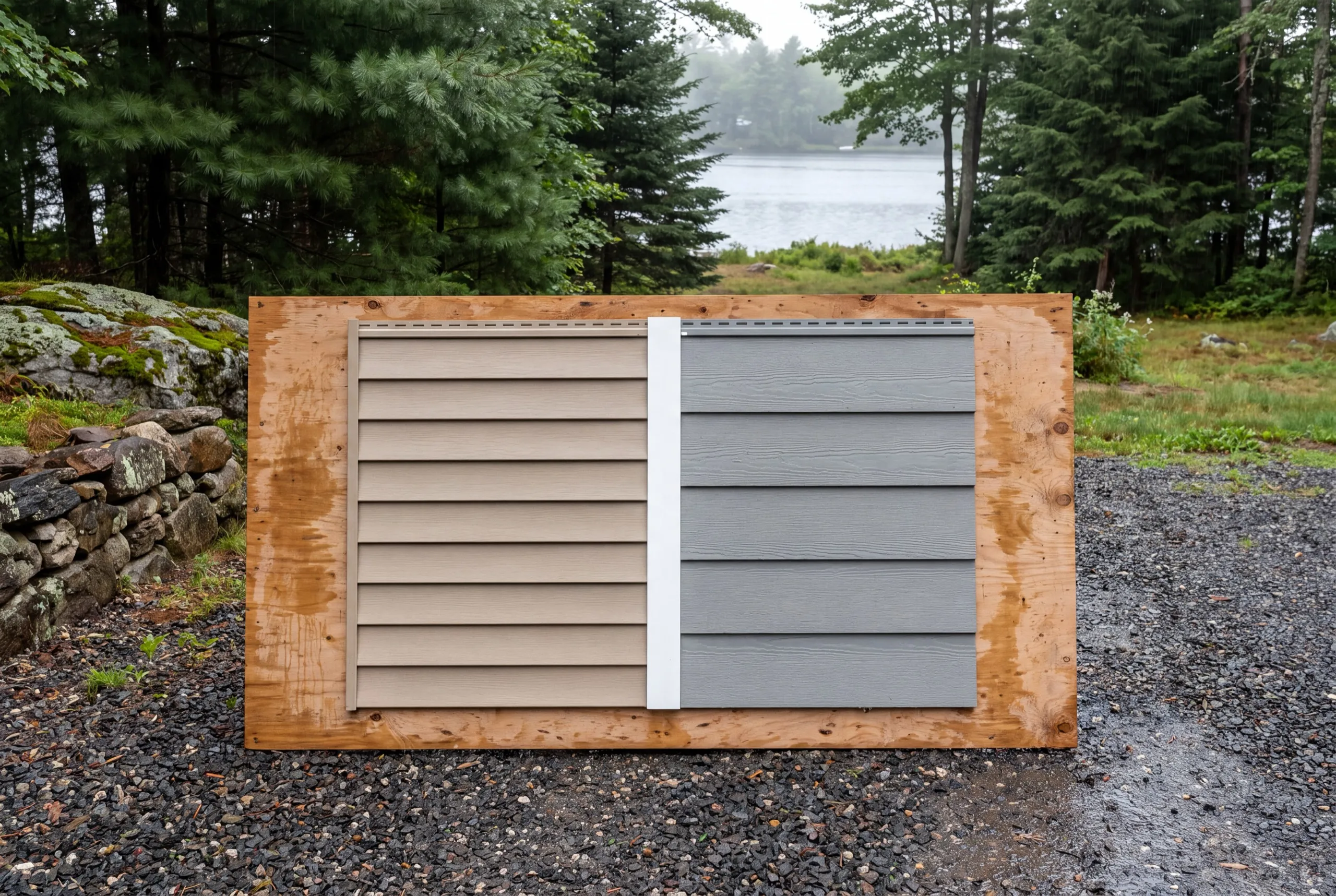 Siding installer Jefferson Maine: plywood sample board with tan vinyl beside gray lap siding near a lake