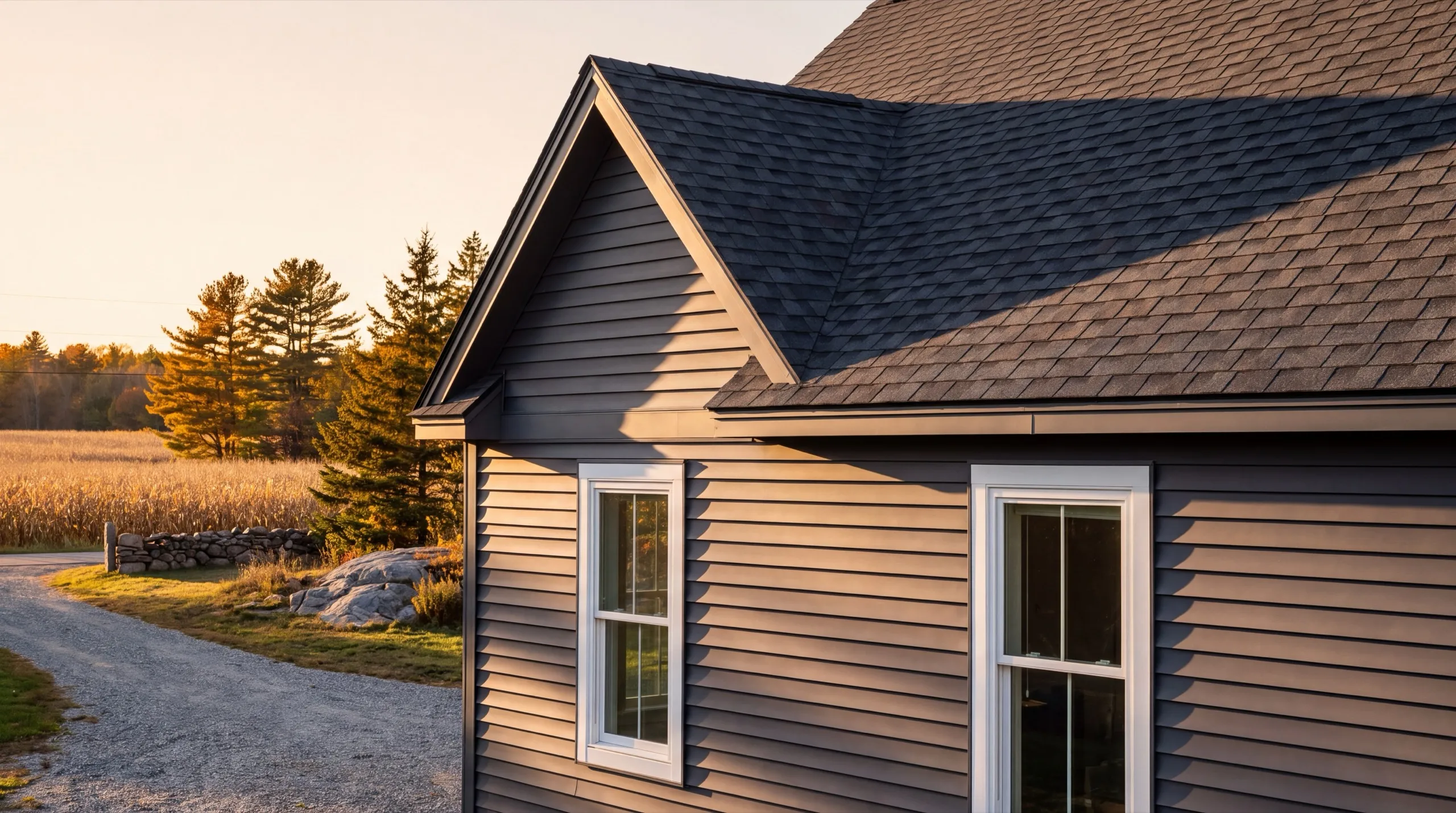 Siding contractor in Litchfield, ME: close view of dark gray siding on a gable and wall beside a cornfield