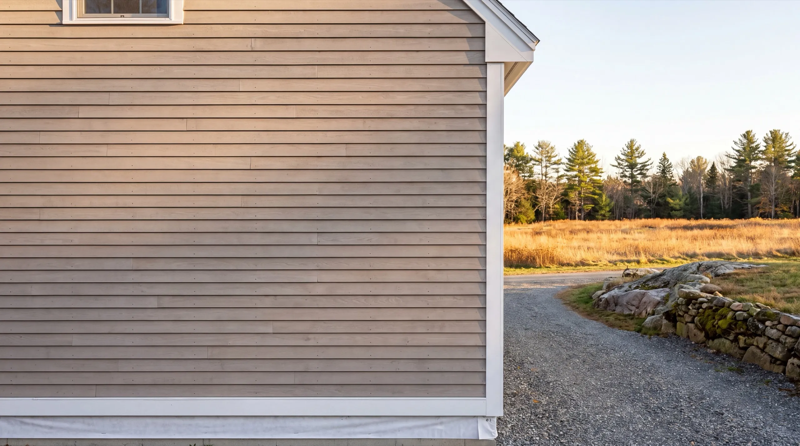 Siding contractor Litchfield Maine: gable wall in tan lap siding with white corner trim beside a field