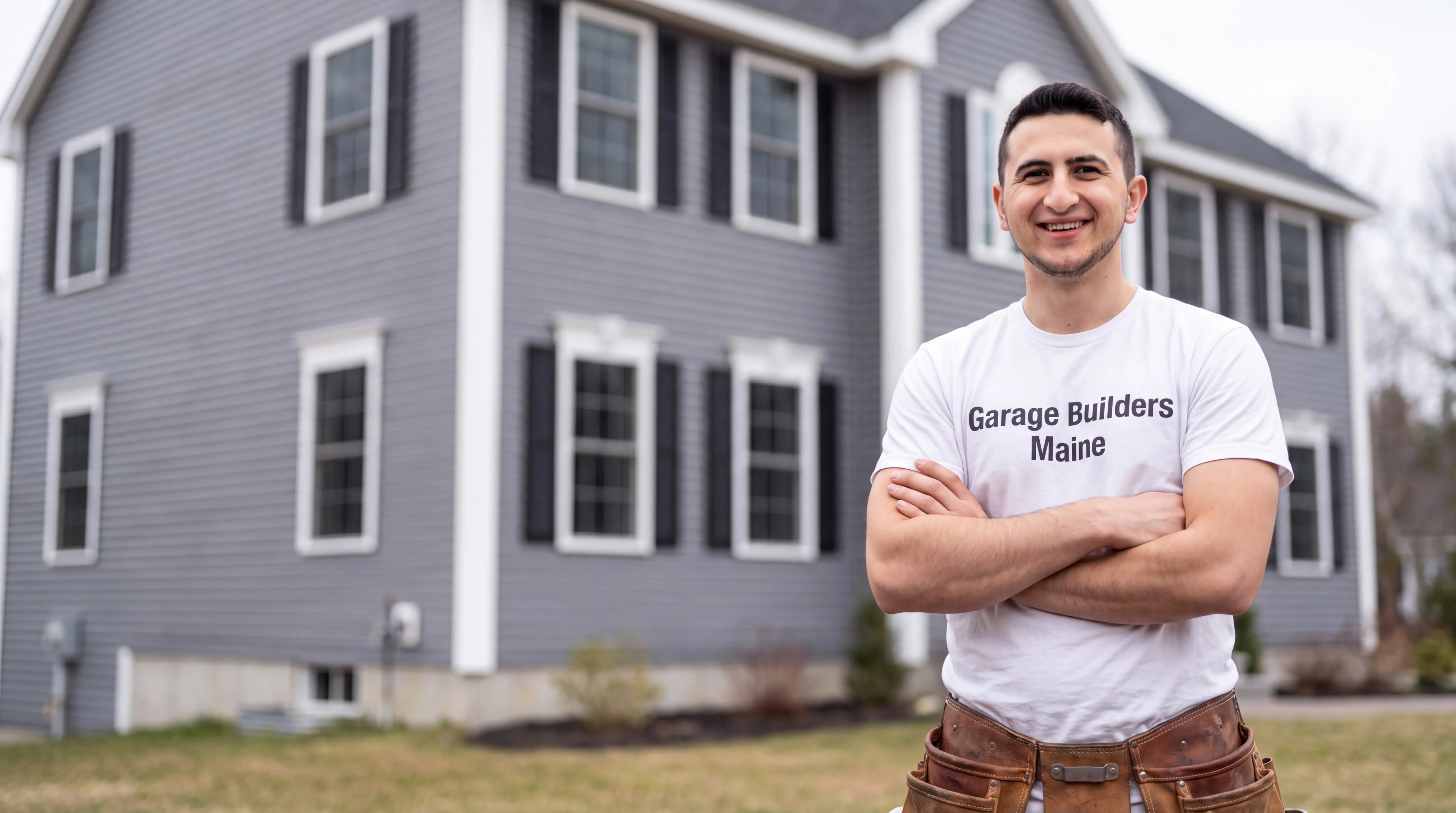 Owner of Garage Builders Maine standing with his arms crossed and smiling at a Maine job site