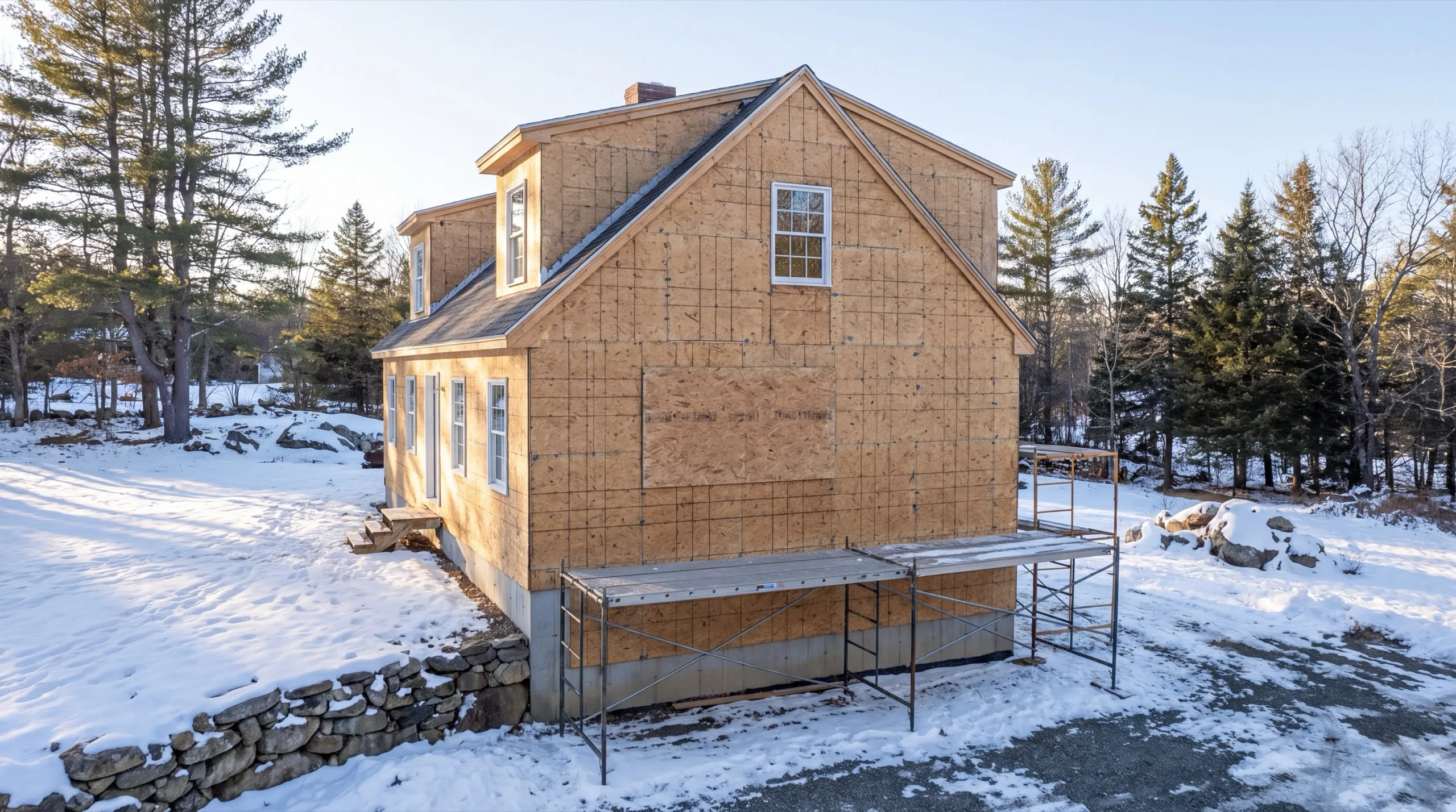 Cape with dormers in bare sheathing with pipe staging in the snow in Litchfield, Maine