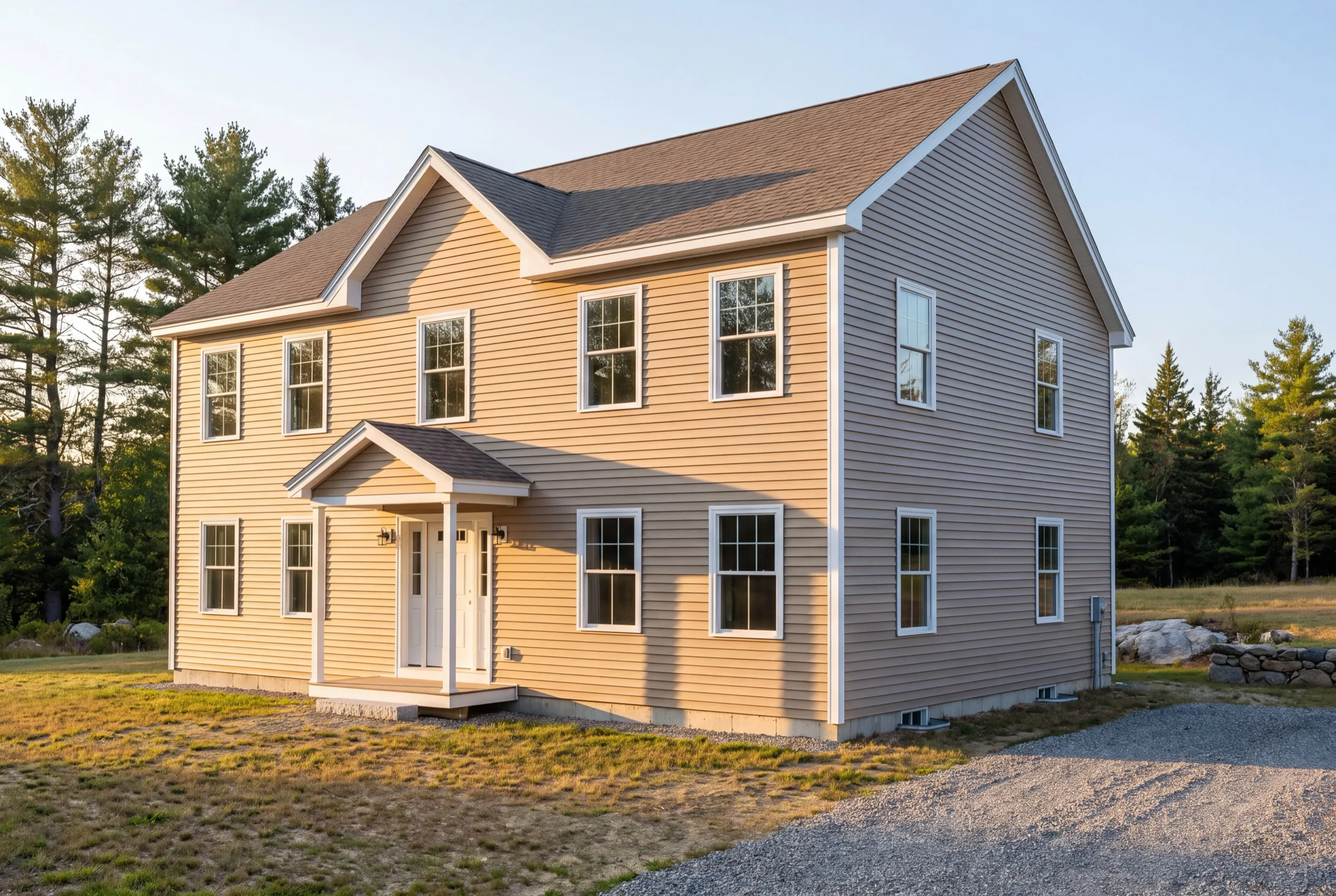 Vinyl siding contractor Litchfield Maine: finished tan two-story colonial with vinyl siding and a gable entry porch
