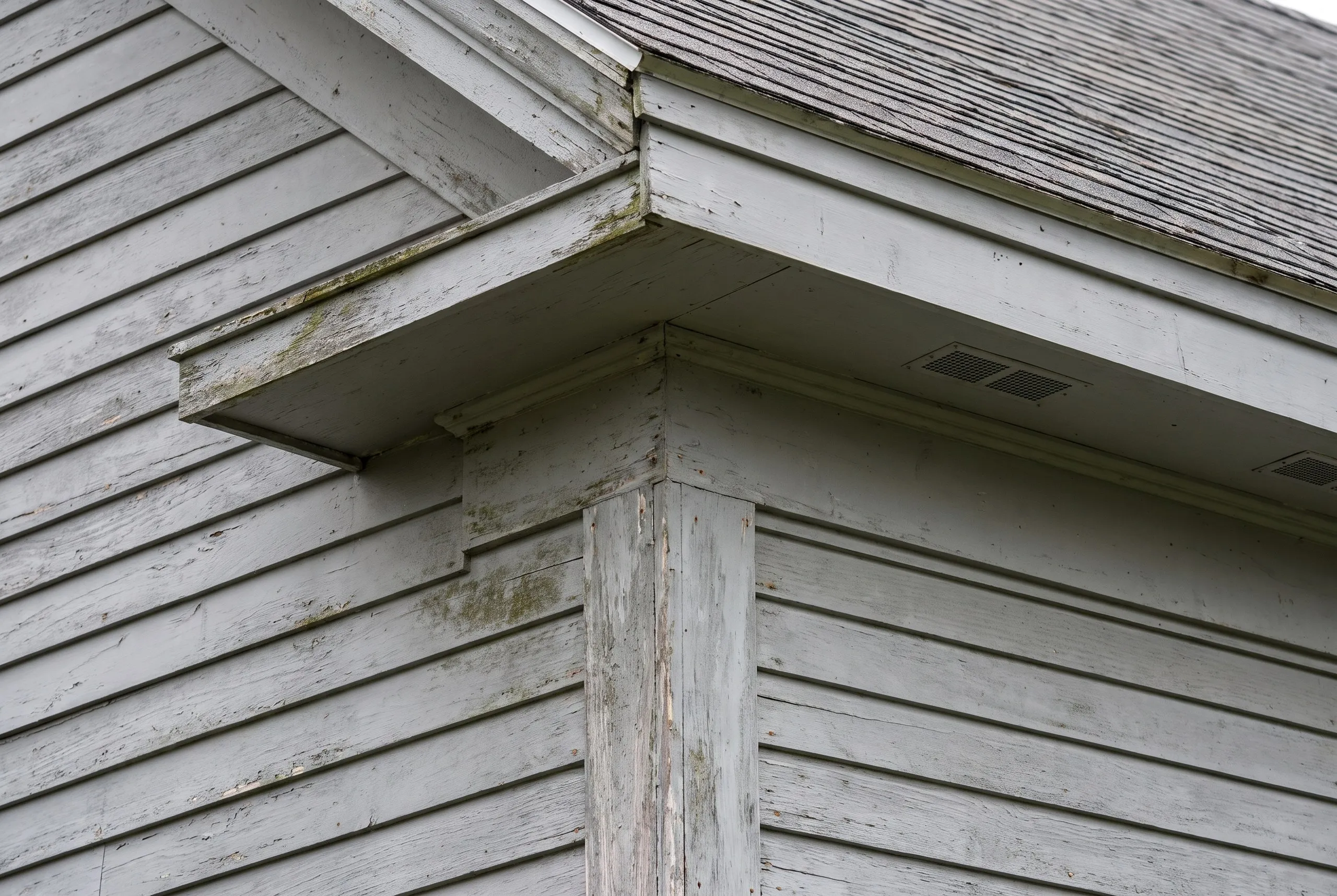 Siding contractor Manchester Maine: weathered white corner board, frieze and eave return under a shingle roof with soffit vents