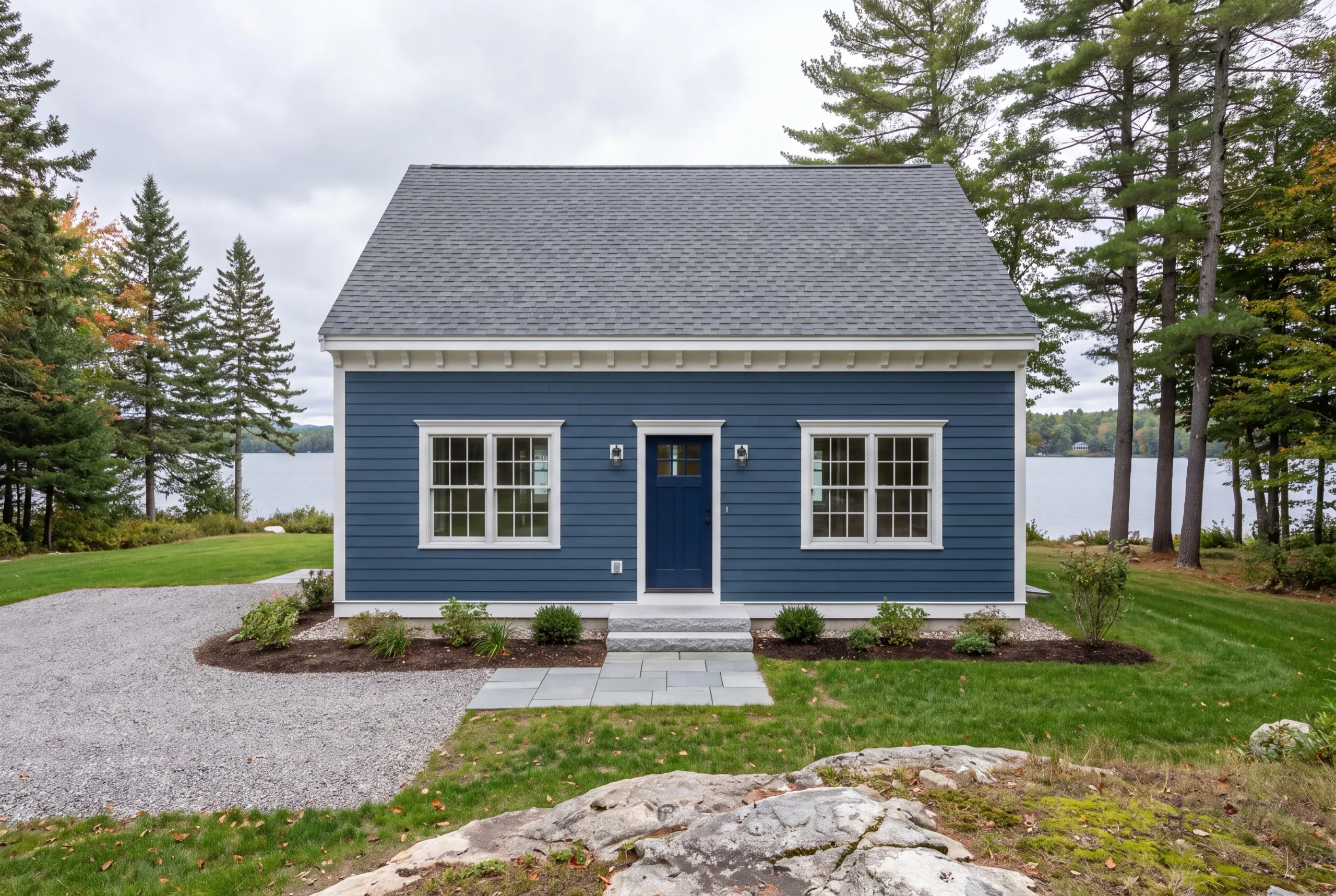 Siding installer Manchester Maine: finished blue cape with lap siding, a navy door and a stone walk