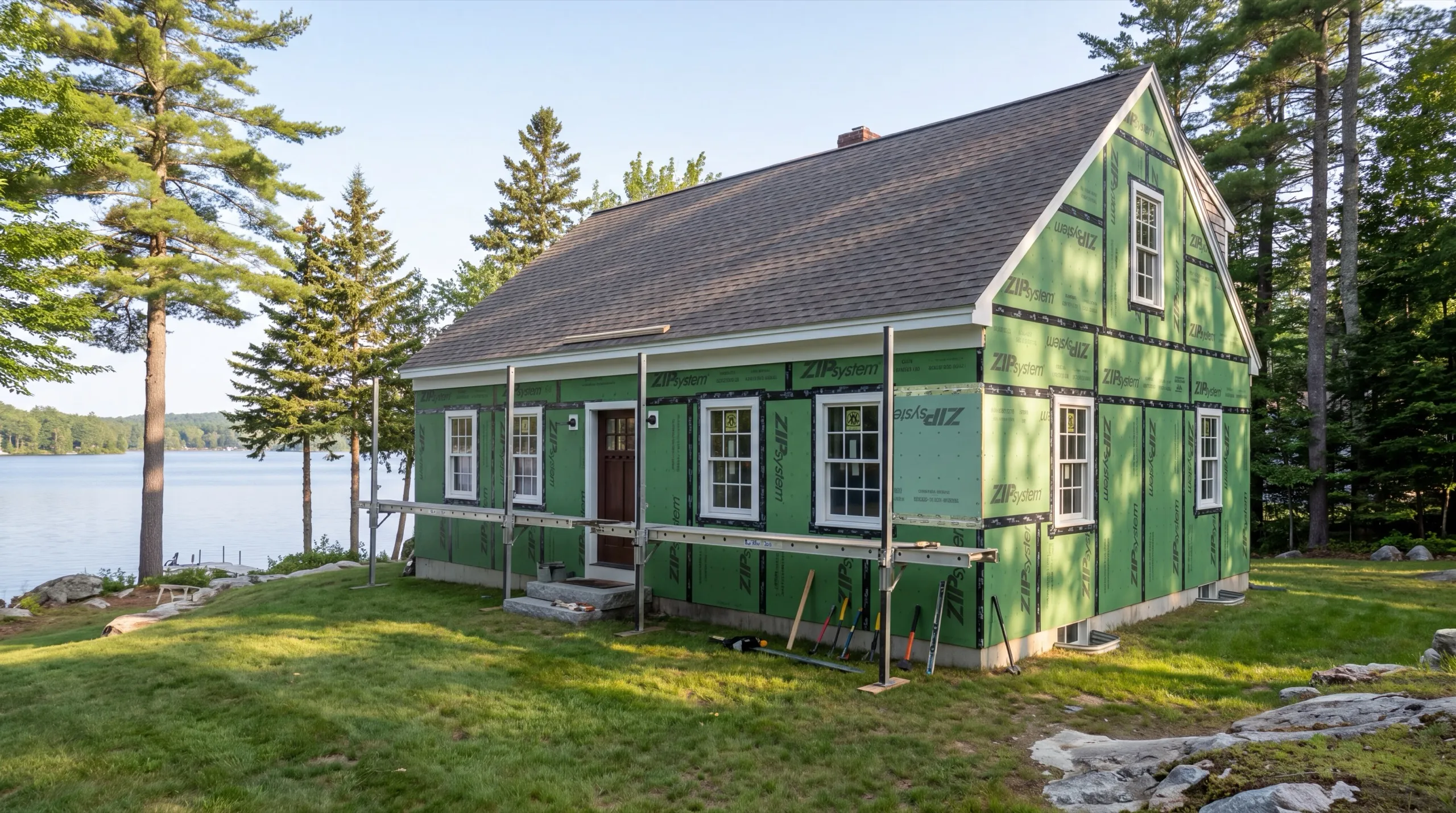 Cape in green taped sheathing with wall staging and tools by a lake in Manchester, Maine