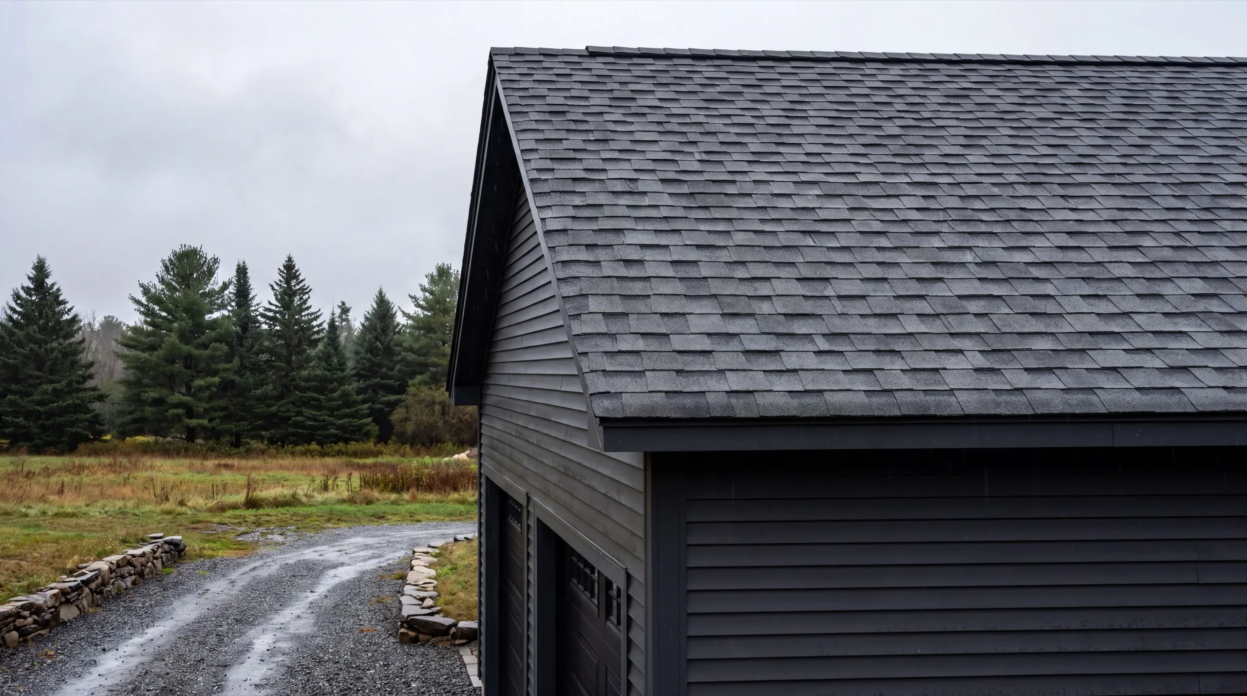 Siding contractor in Monmouth, ME: dark charcoal siding and shingle roof on a garage beside a gravel drive