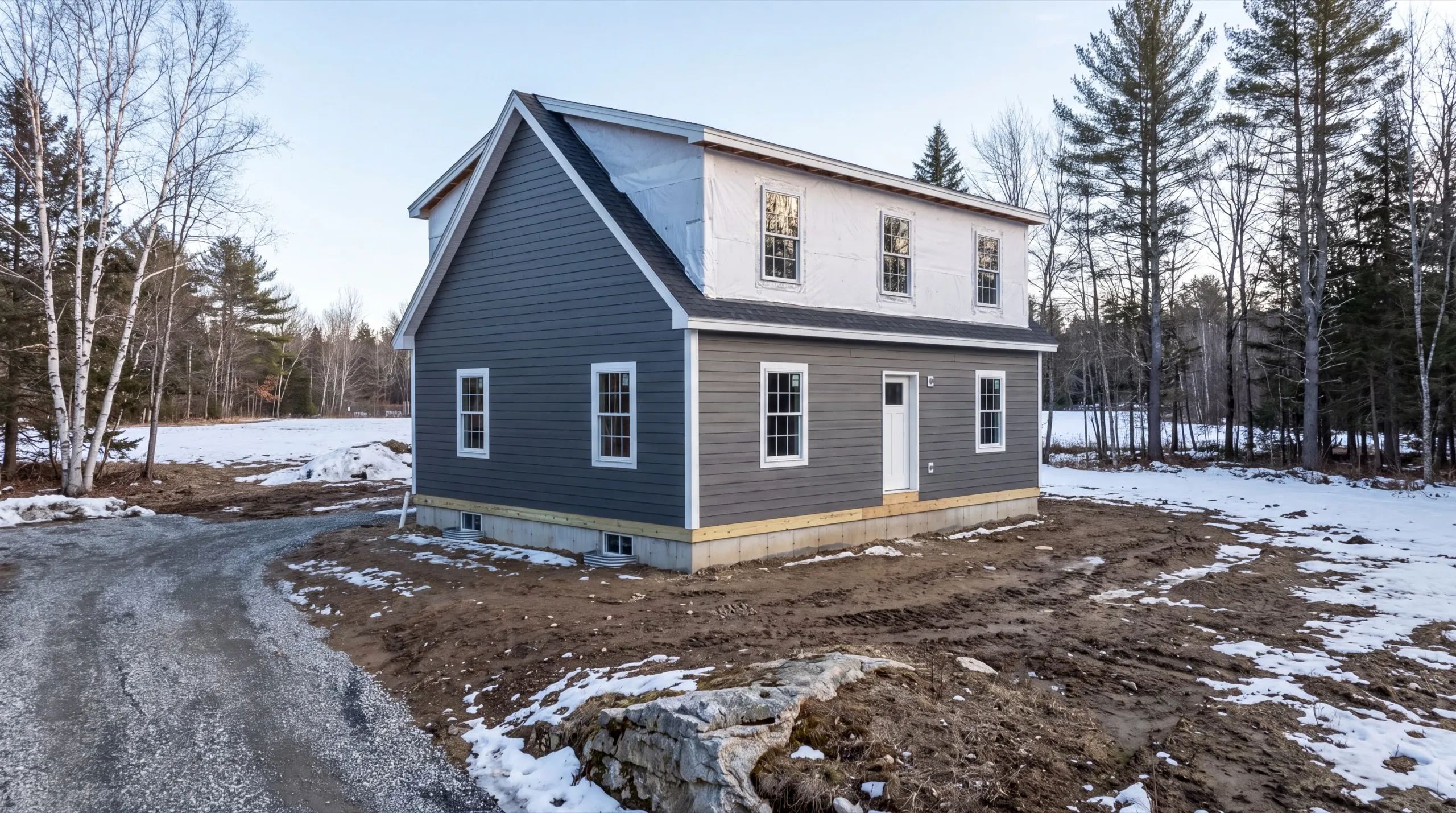 Siding contractor Monmouth Maine: gray lap siding on the lower walls, shed dormer still in house wrap