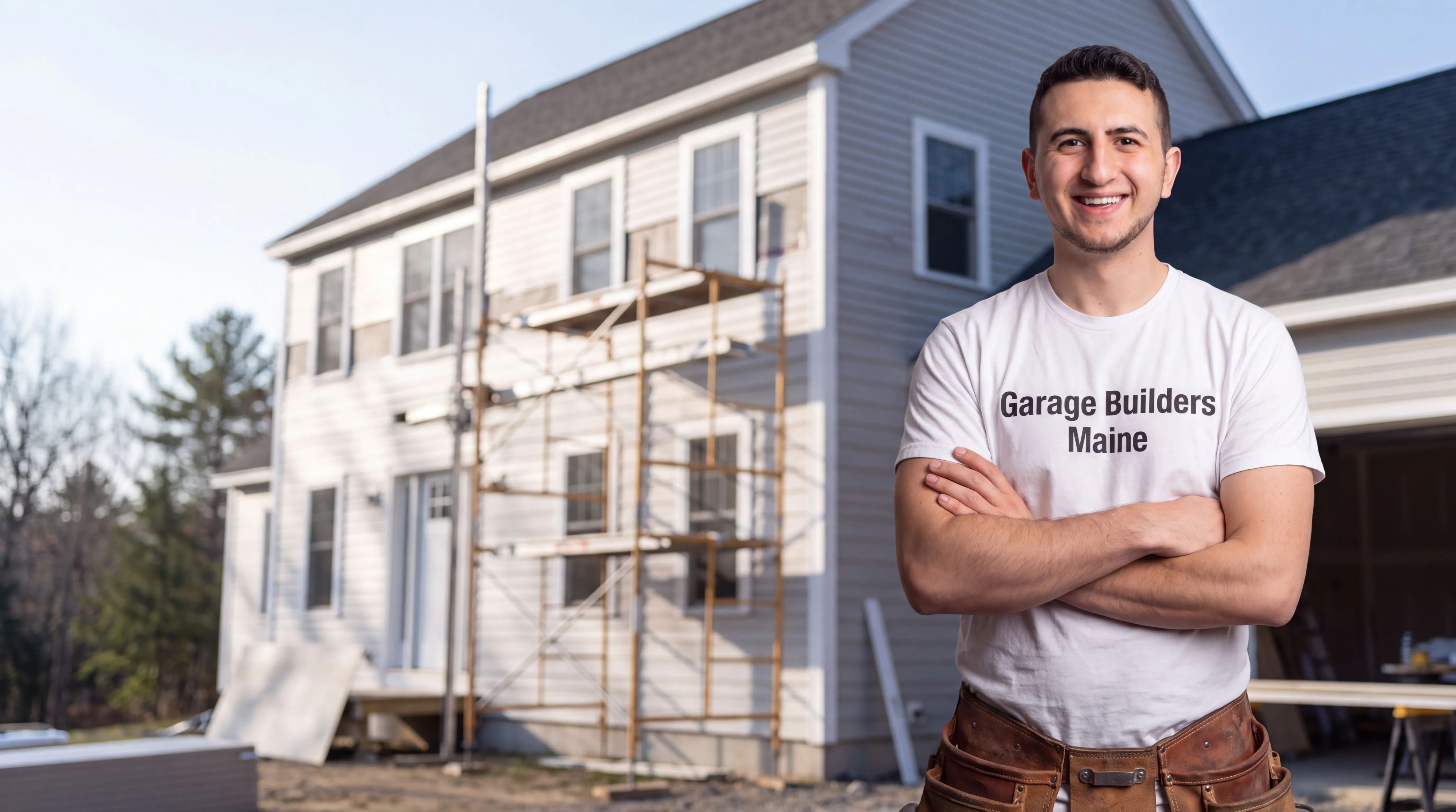Siding contractor Monmouth Maine: owner with arms crossed in front of a vinyl-sided house with wood staging