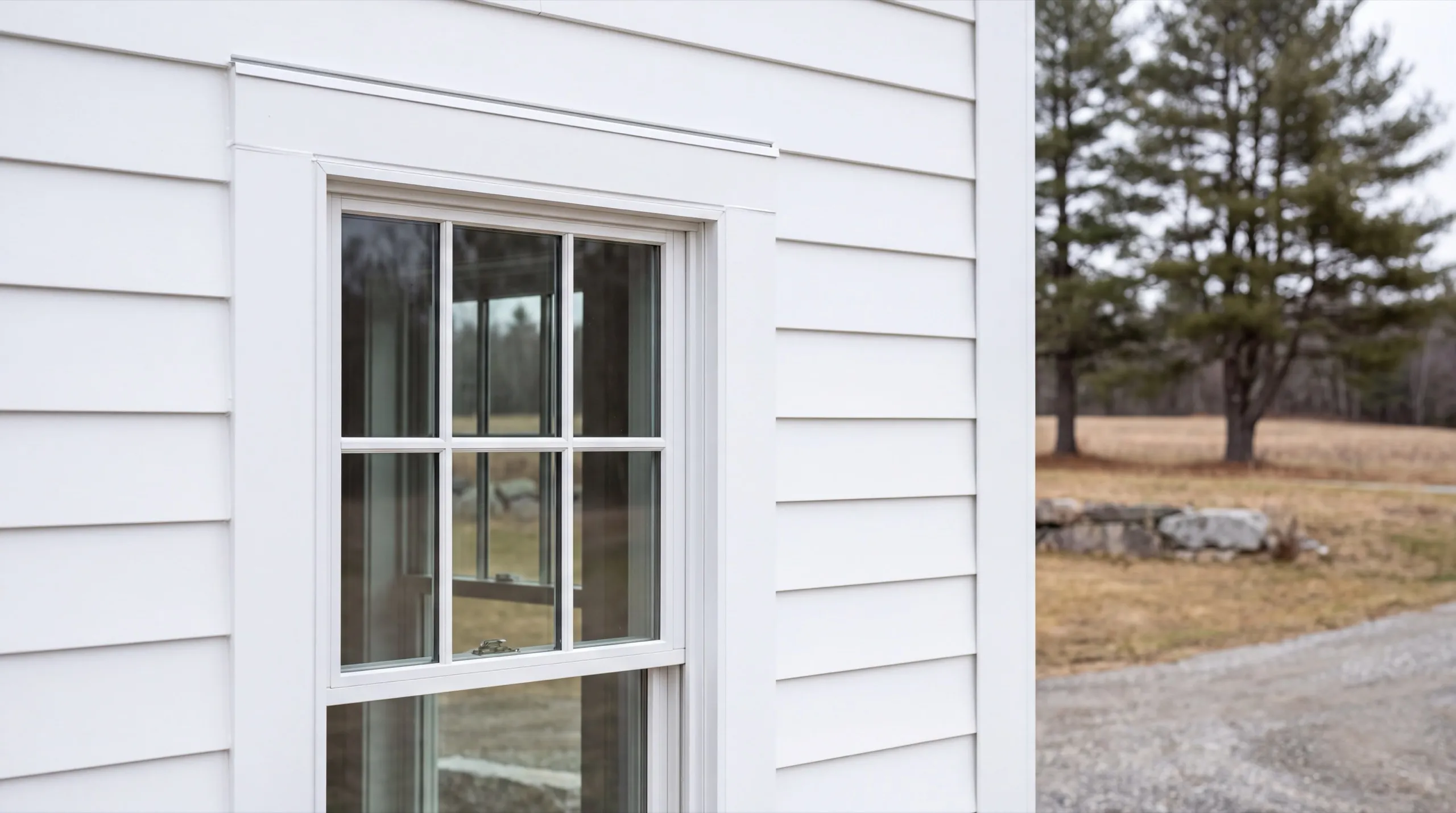 Siding installer Monmouth Maine: white lap siding around a white window casing with a metal drip cap