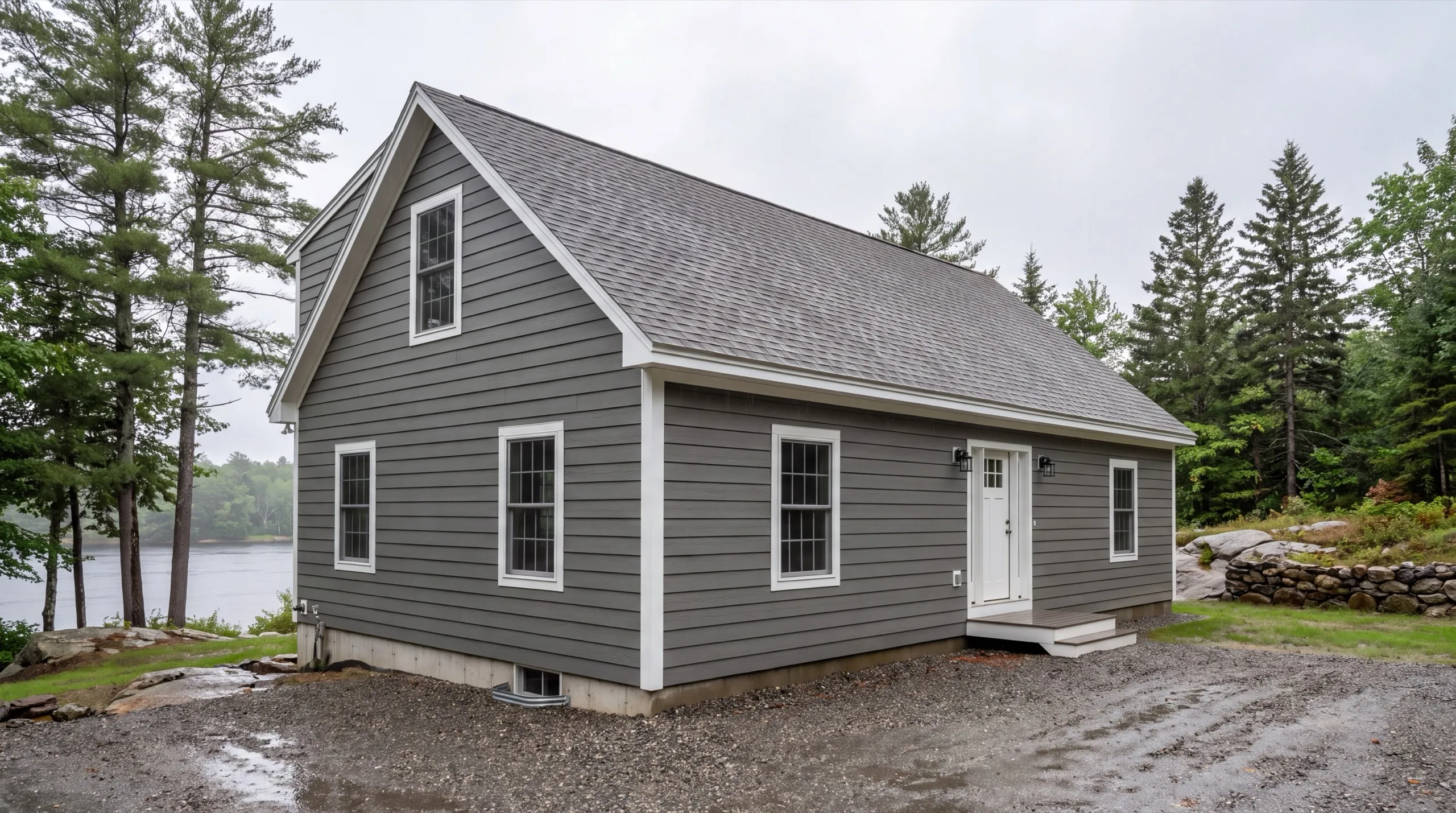 Siding contractor Pittston Maine: finished gray cape with lap siding and white trim beside a lake