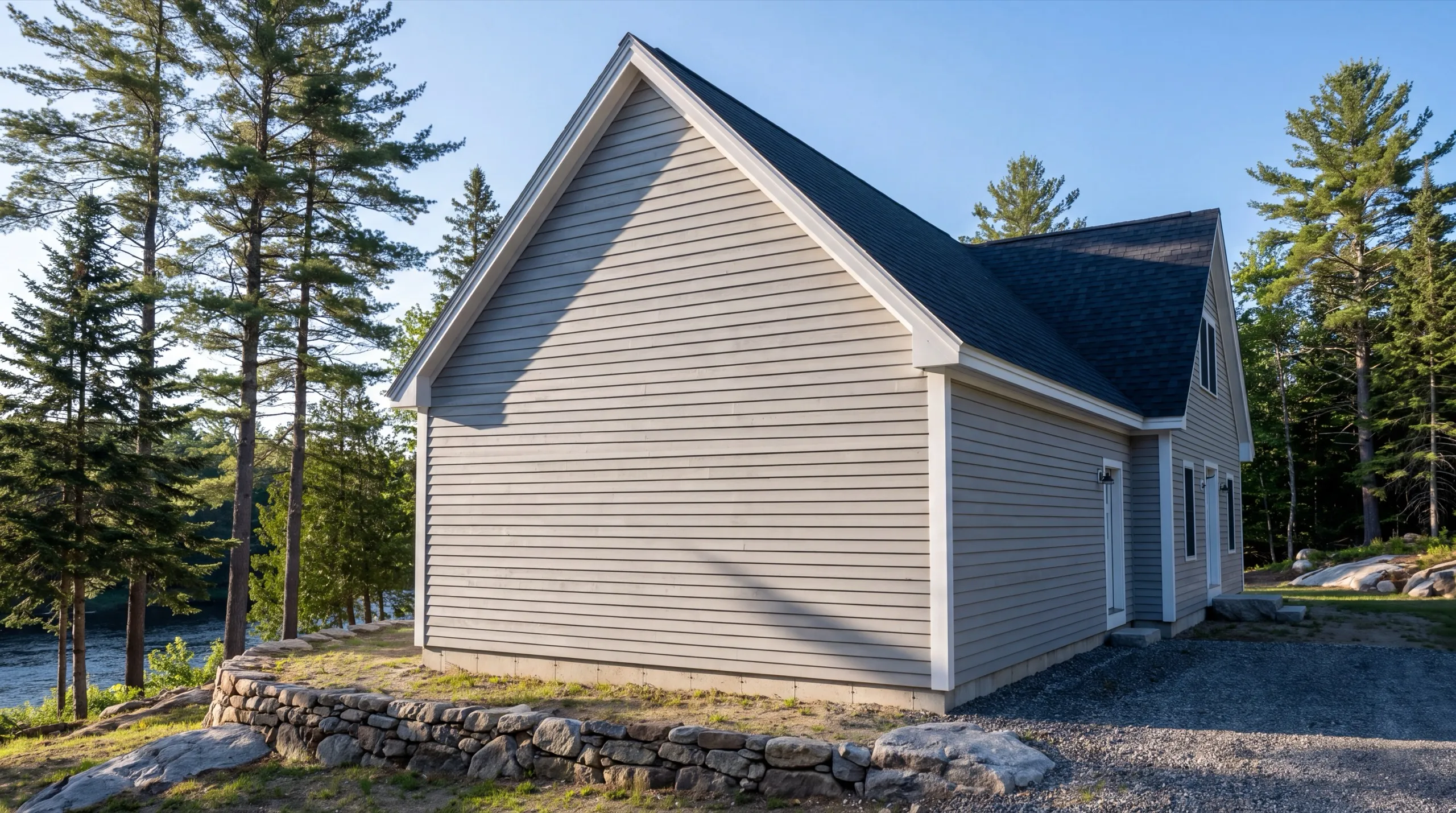 Siding contractor in Pittston, ME: finished house with gray lap siding and white trim above a stone wall