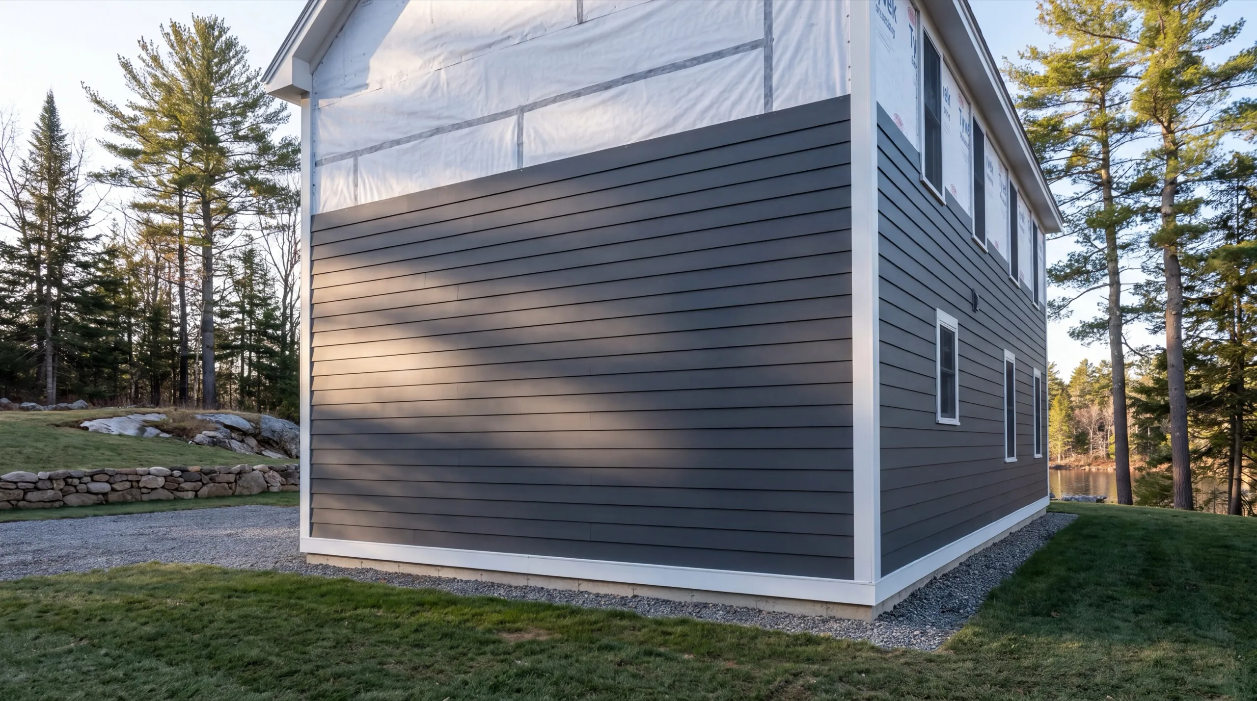Siding contractor Pittston Maine: dark gray lap siding on the lower walls, upper story in house wrap