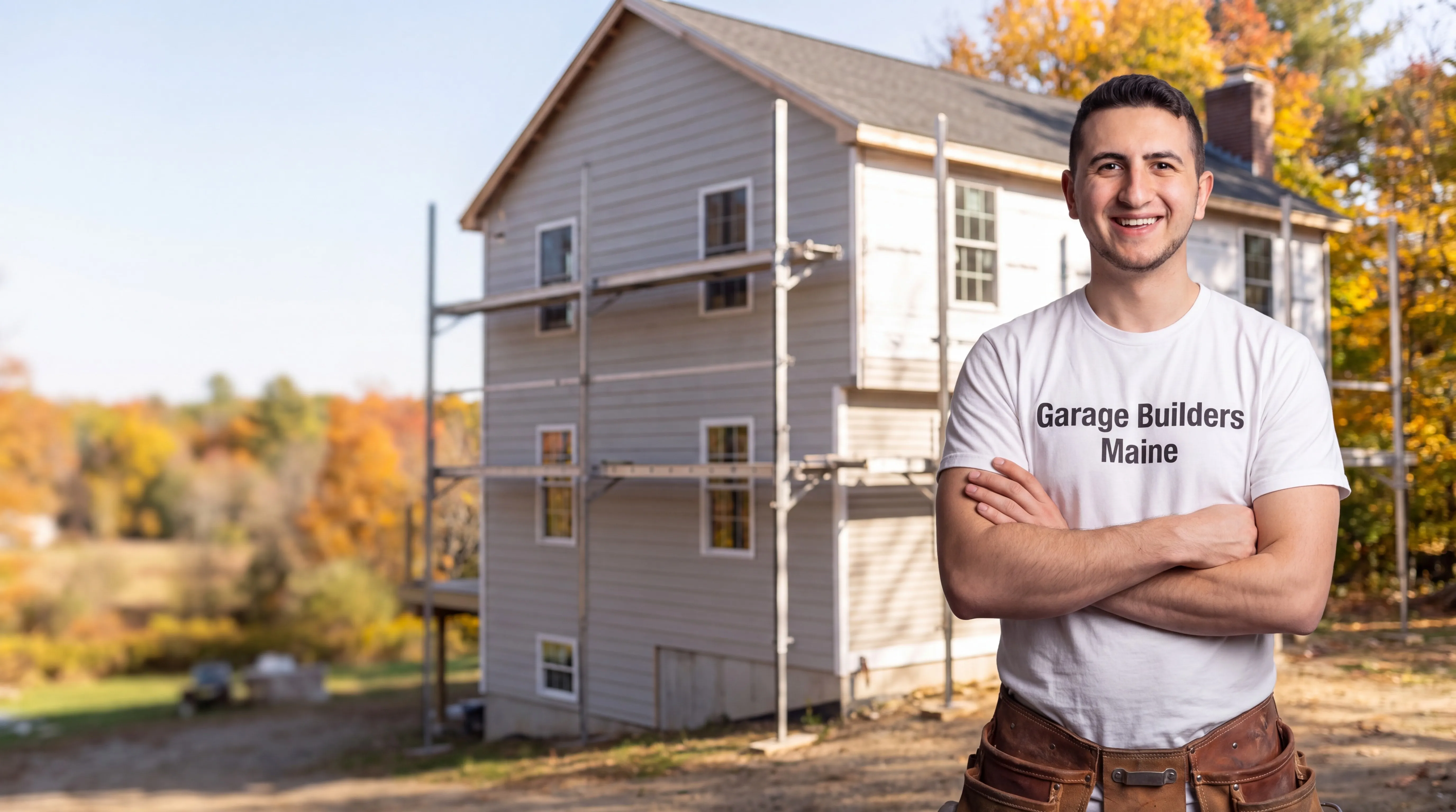 Siding contractor Pittston Maine: owner with arms crossed in front of a three-story house with pipe staging
