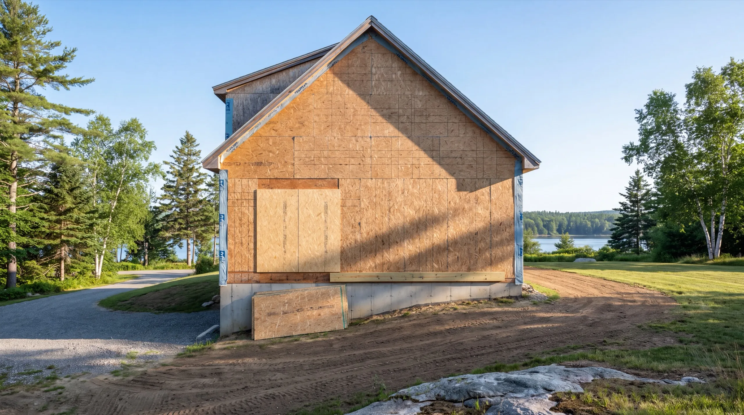 Gable wall in bare sheathing with a boarded opening on a dirt lot in Pittston, Maine