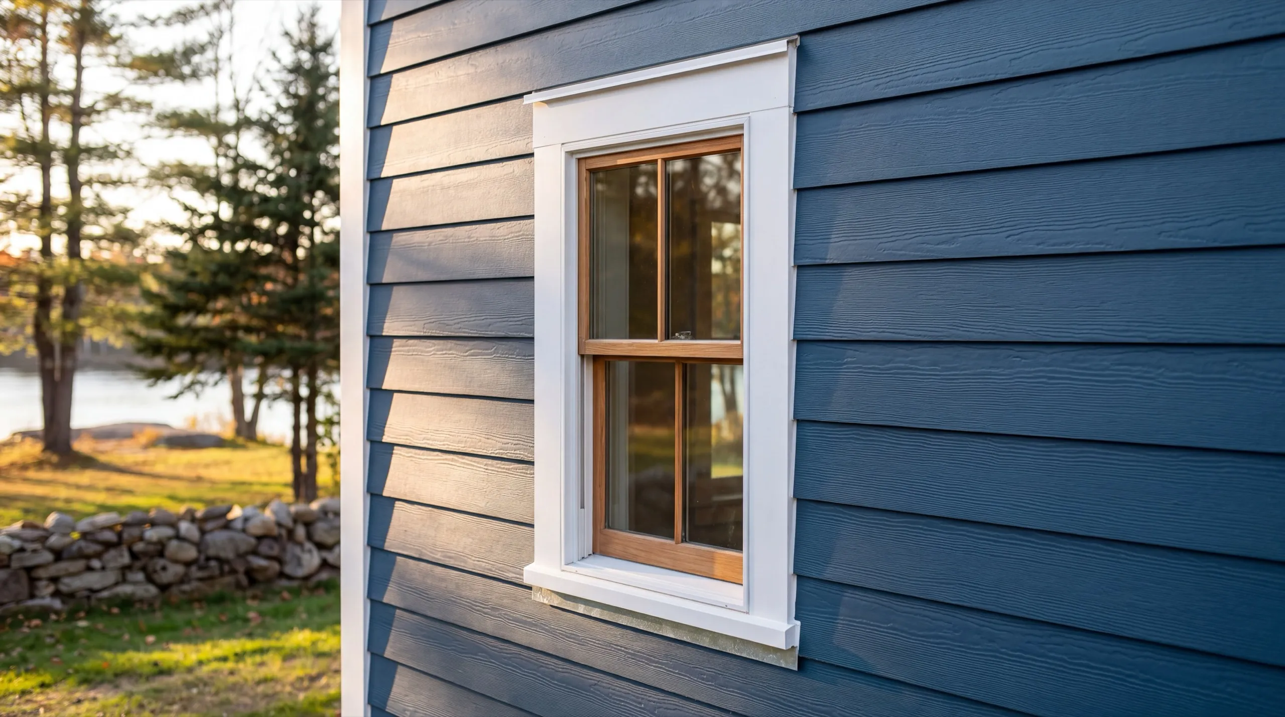 Siding installer Pittston Maine: blue lap siding around a wood window with white casing and drip cap