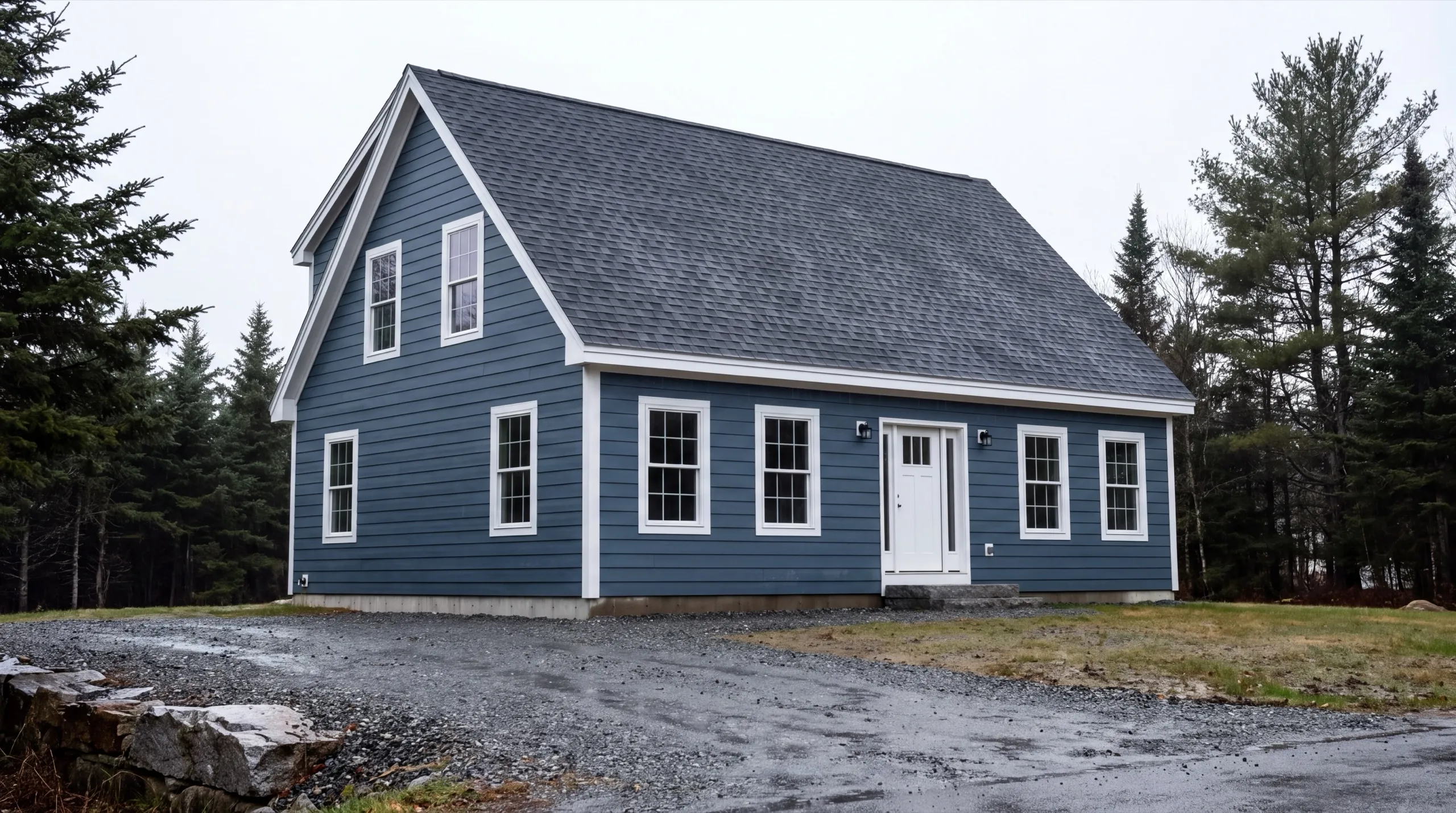 Siding contractor Randolph Maine: finished blue cape with lap siding and white trim on a gravel drive