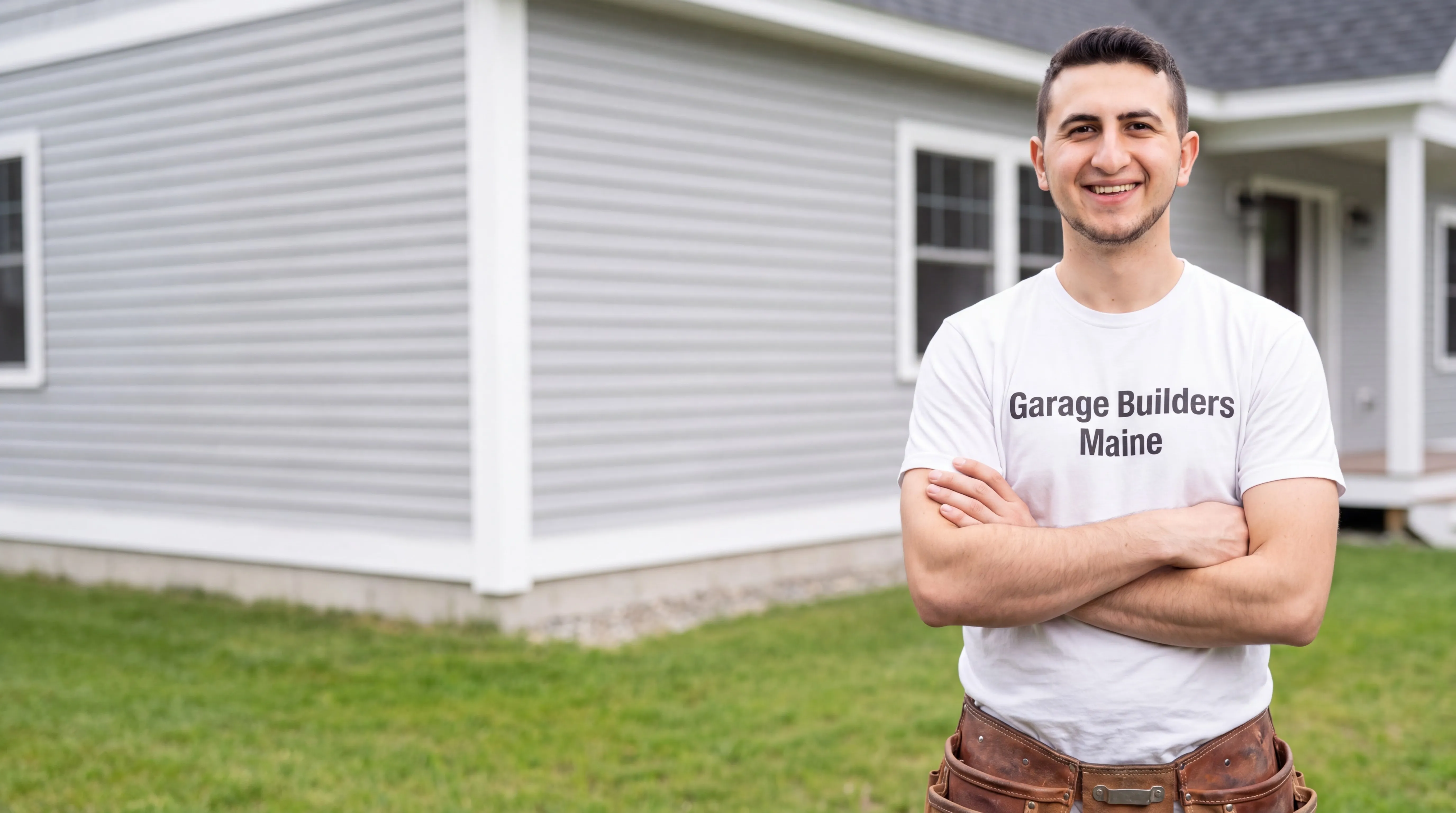 Siding contractor Randolph Maine: owner with arms crossed in front of a gray vinyl-sided house on a lawn