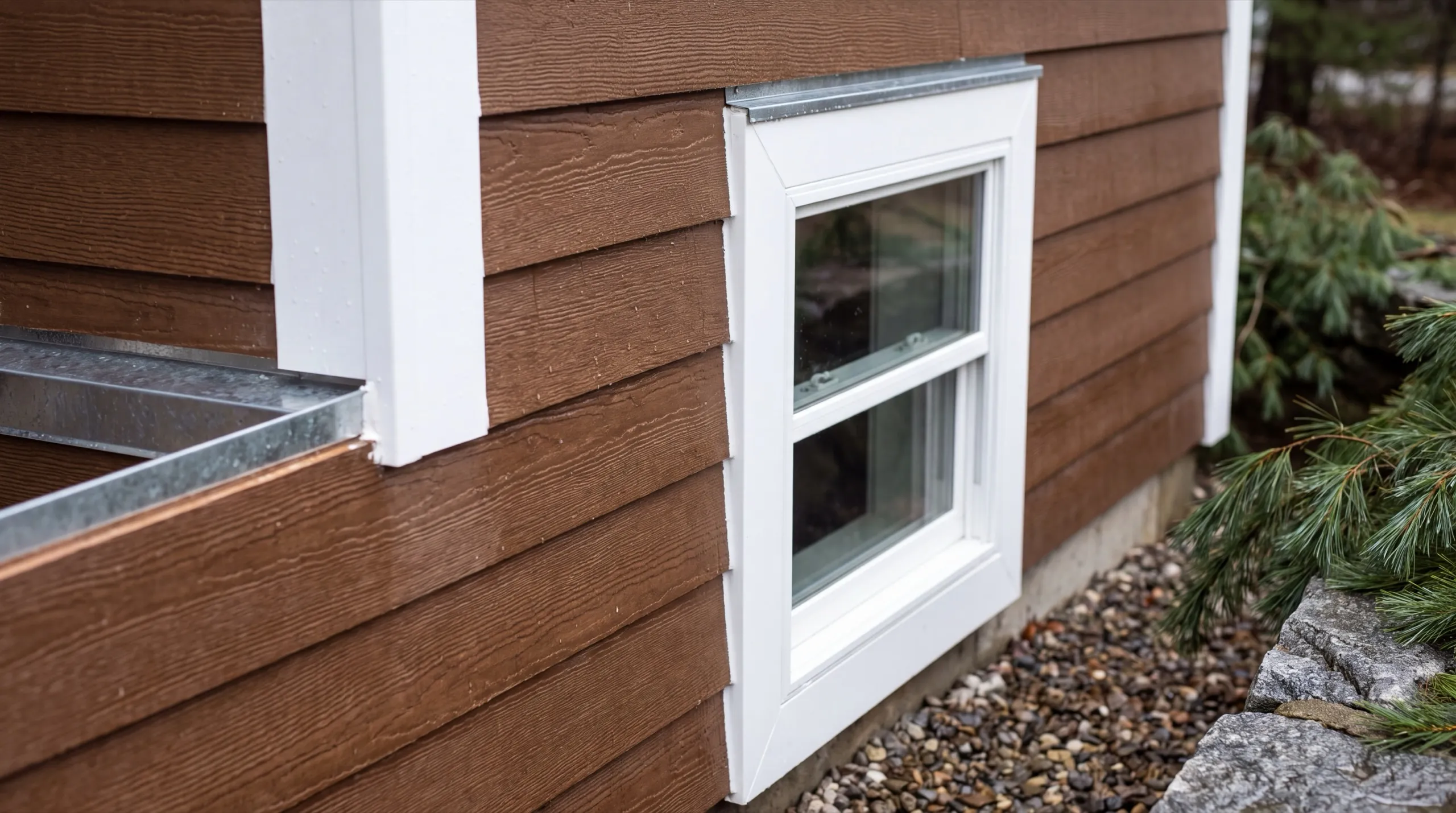 Siding installer Randolph Maine: brown lap siding with white corner trim, a basement window and metal flashing