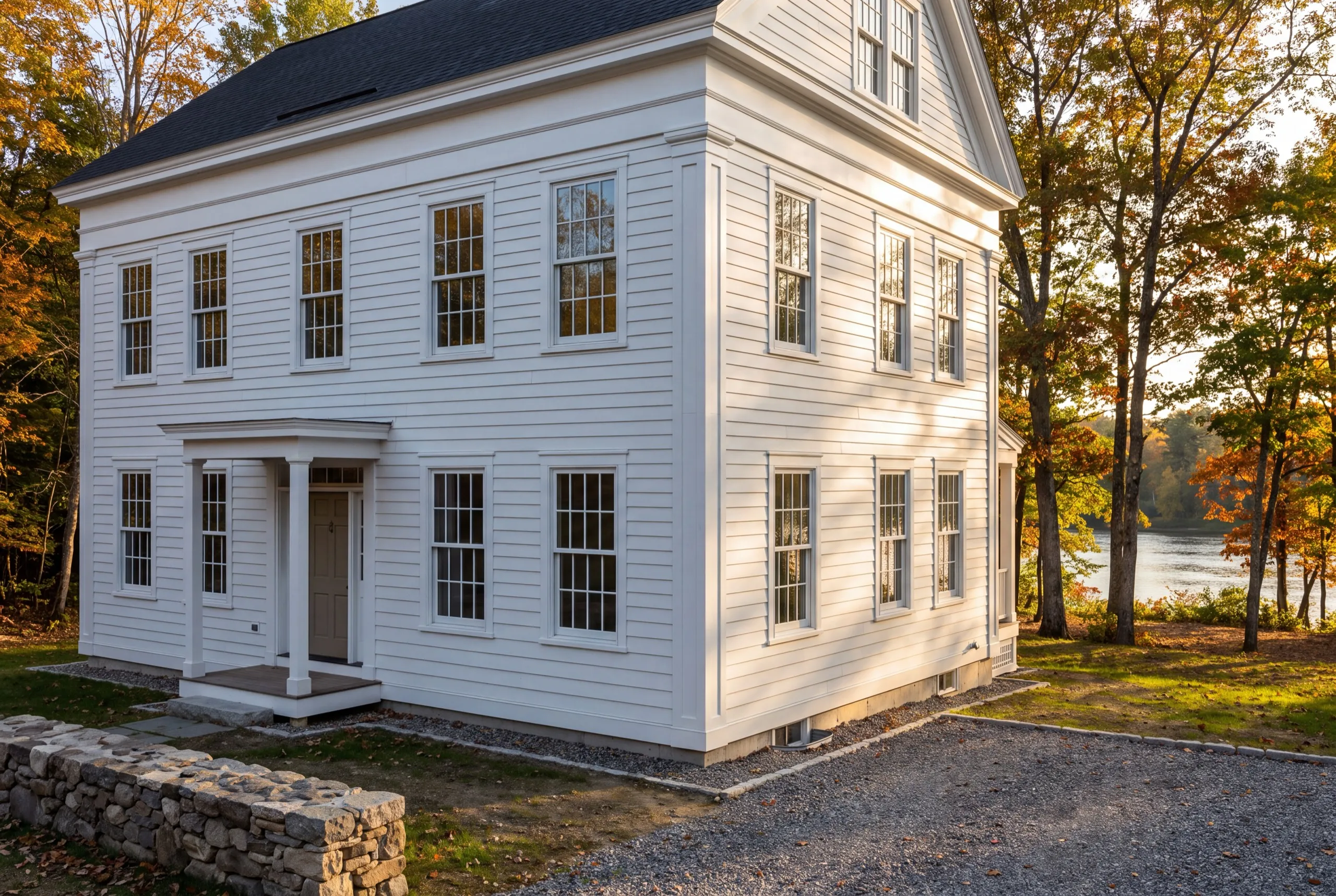 Siding contractor Richmond Maine: finished white two-story colonial with narrow lap siding and a columned entry