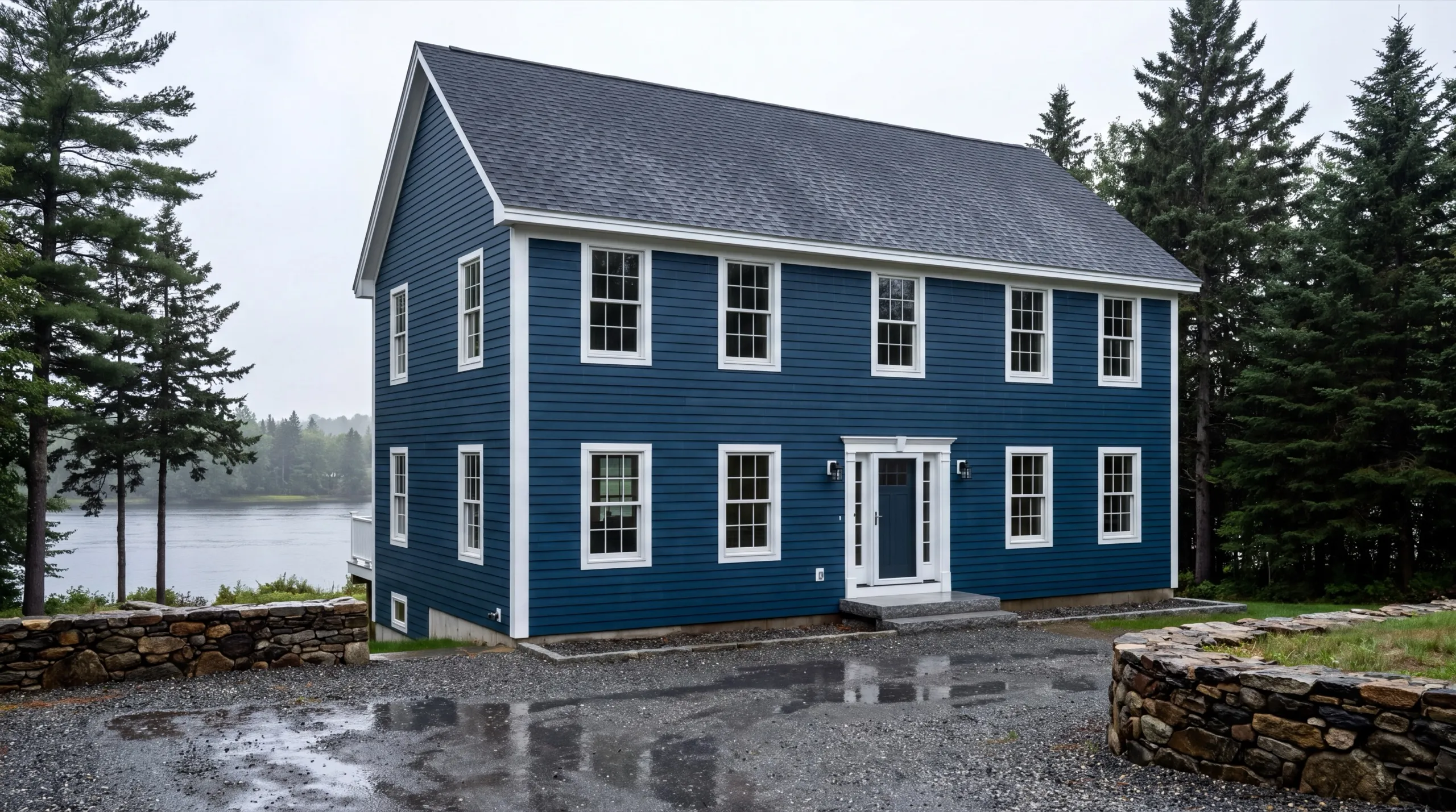 Siding contractor Richmond Maine: finished navy two-story colonial with lap siding and white trim by a lake