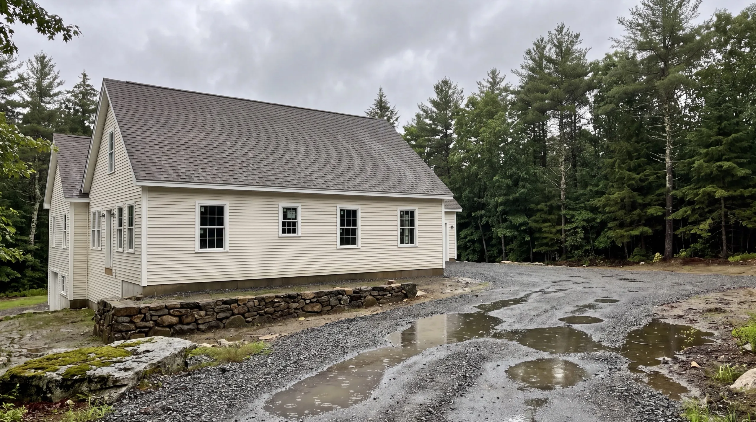 Siding contractor in Richmond, ME: finished cream vinyl-sided cape above a stone wall and a wet gravel drive