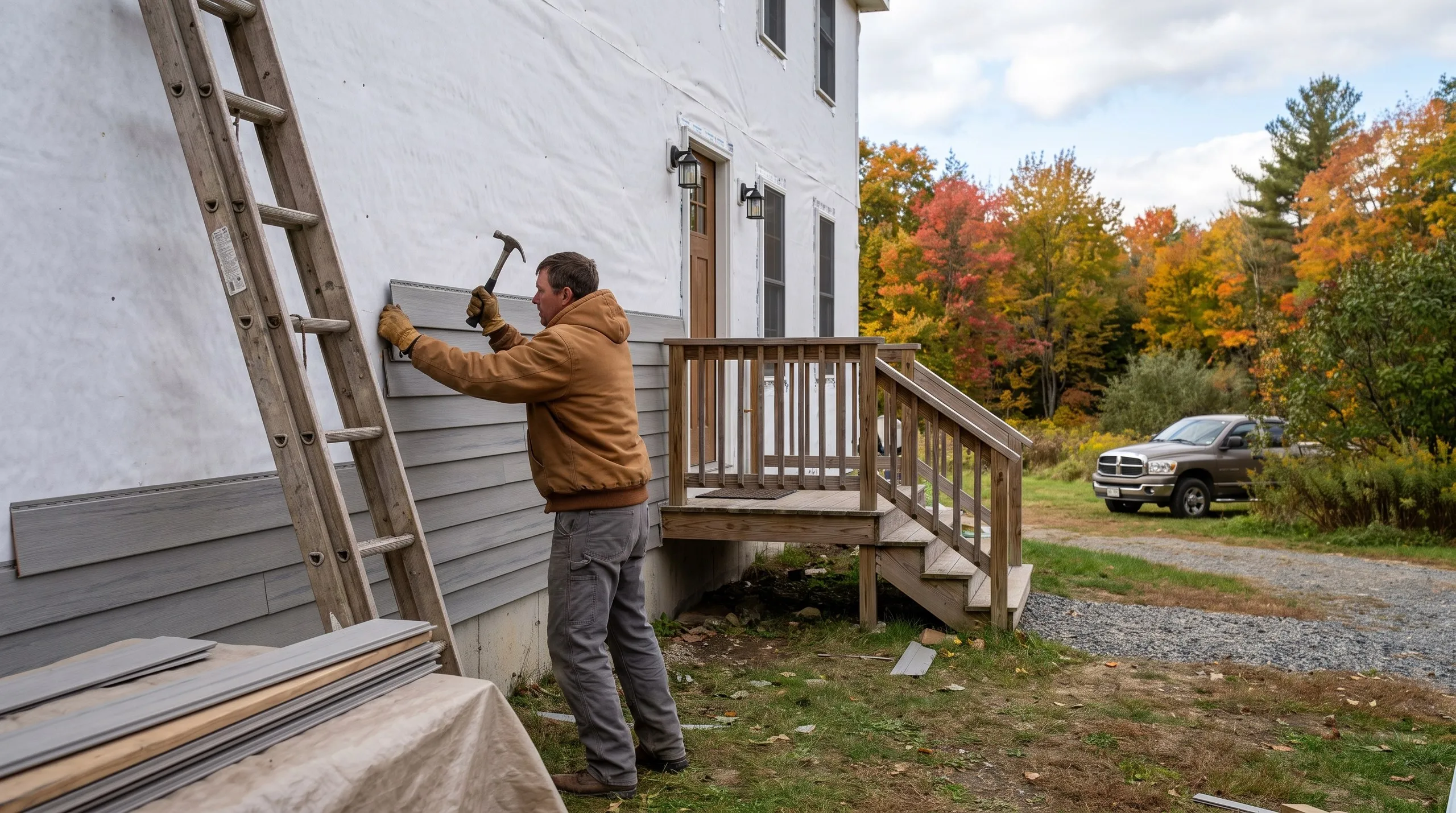 Vinyl siding contractor Richmond Maine: worker nails gray lap siding over house wrap beside a new wood entry porch on a two-story home