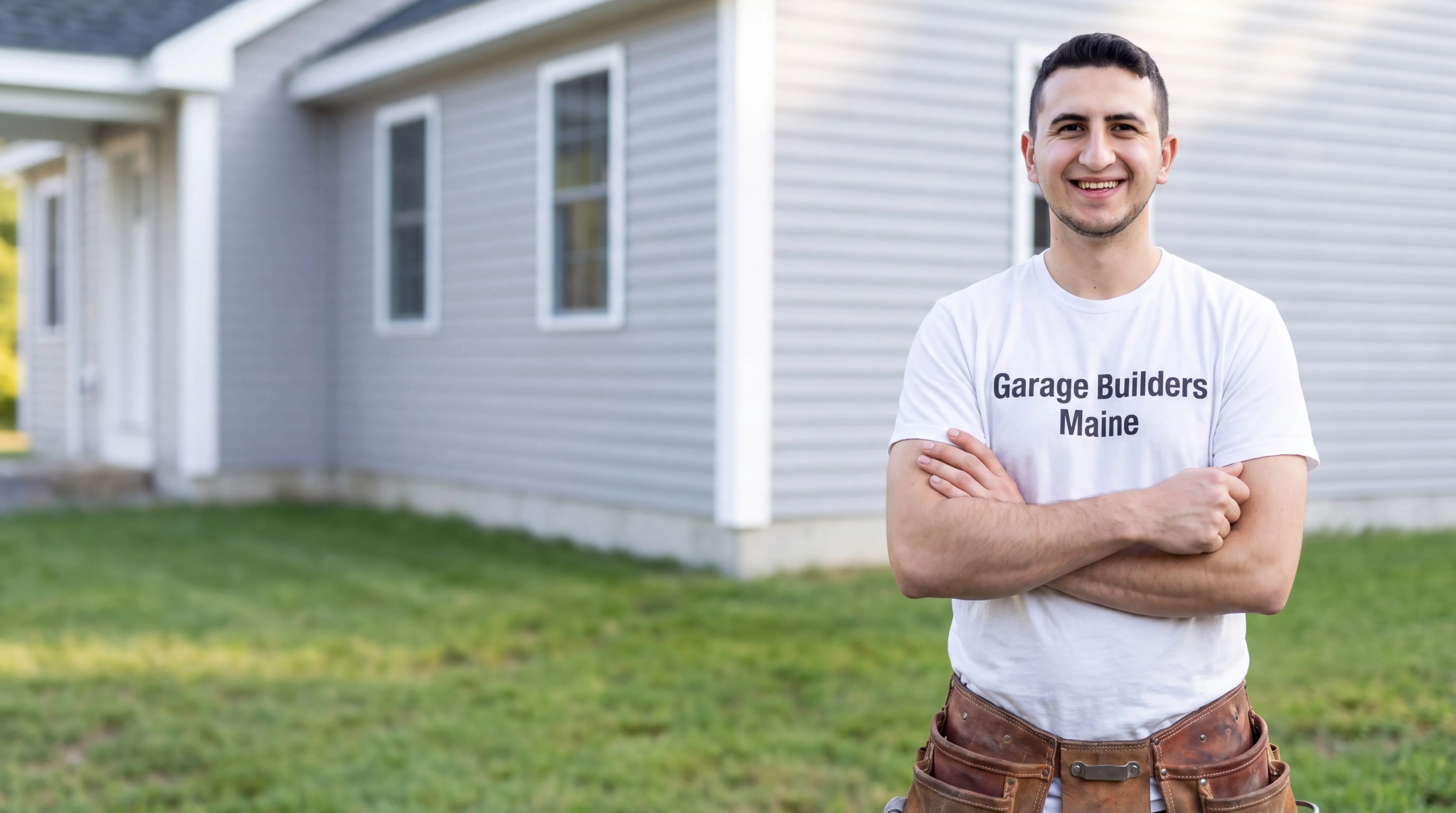 Siding contractor Richmond Maine: owner with arms crossed in front of a gray vinyl-sided house on a lawn