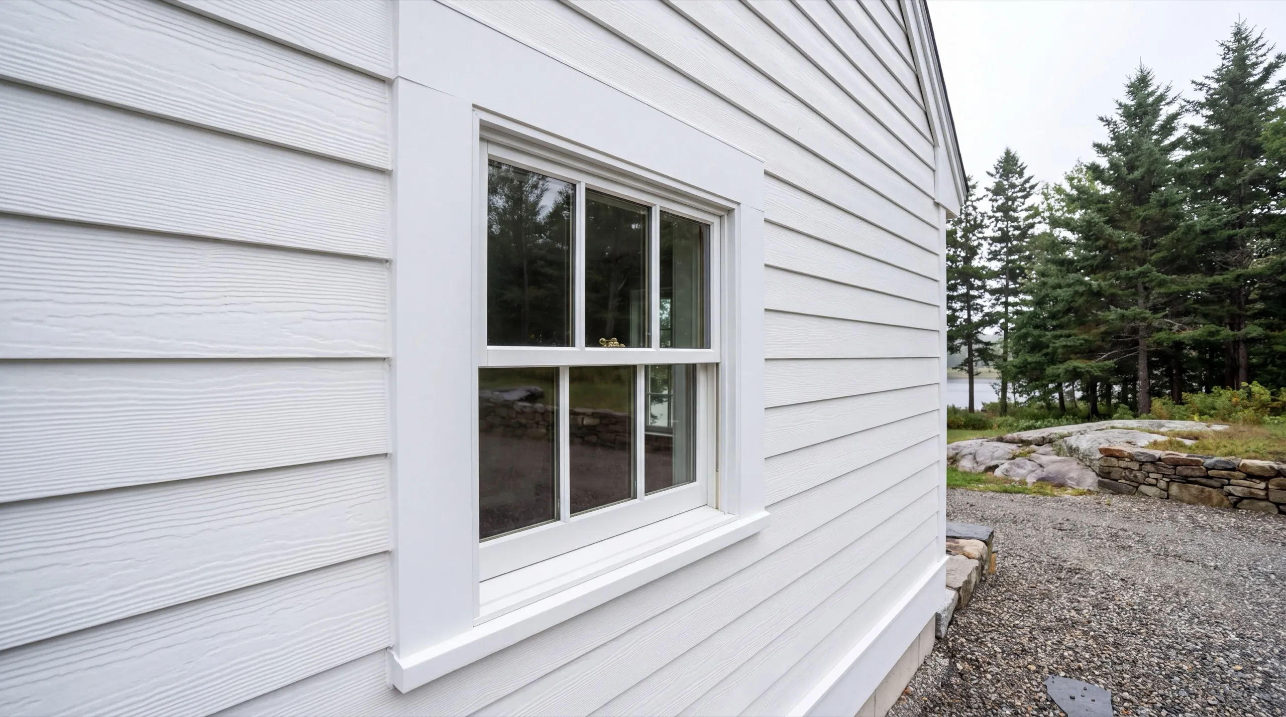 Siding installer Richmond Maine: white lap siding around a window with wide flat casing and a sill