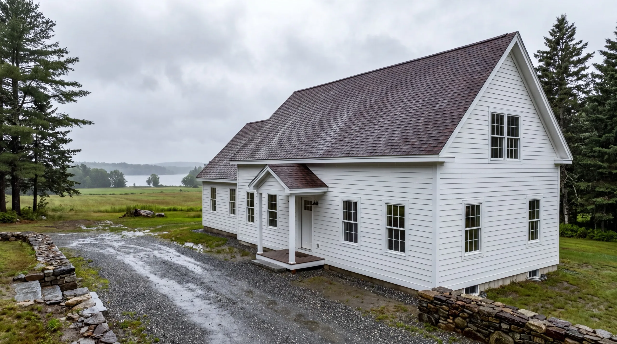 Siding contractor in Sidney, ME: finished white lap-sided cape with a gable entry porch above a field