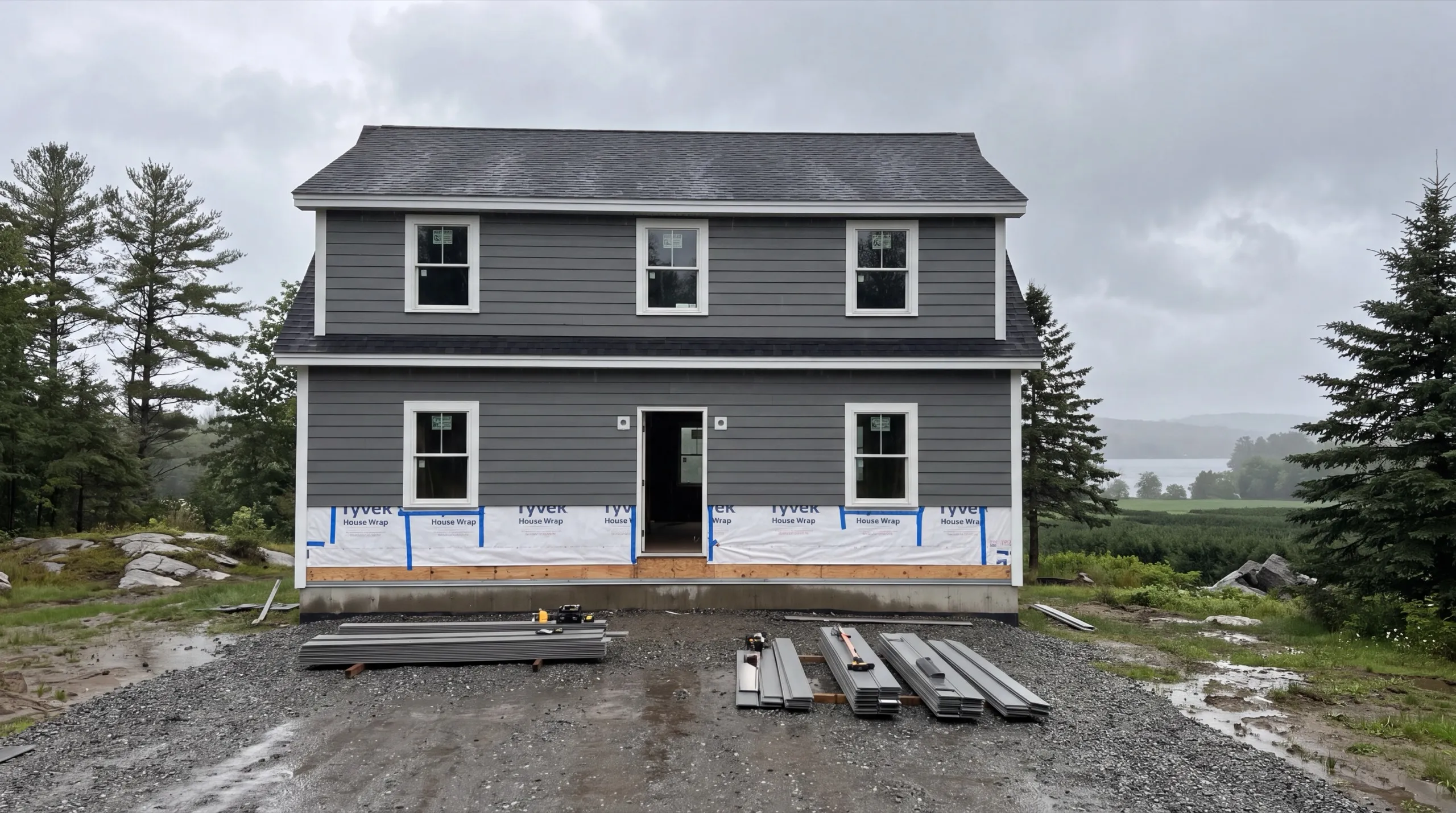 Siding contractor Sidney Maine: gray lap siding going up above a house wrap band, boards stacked in front