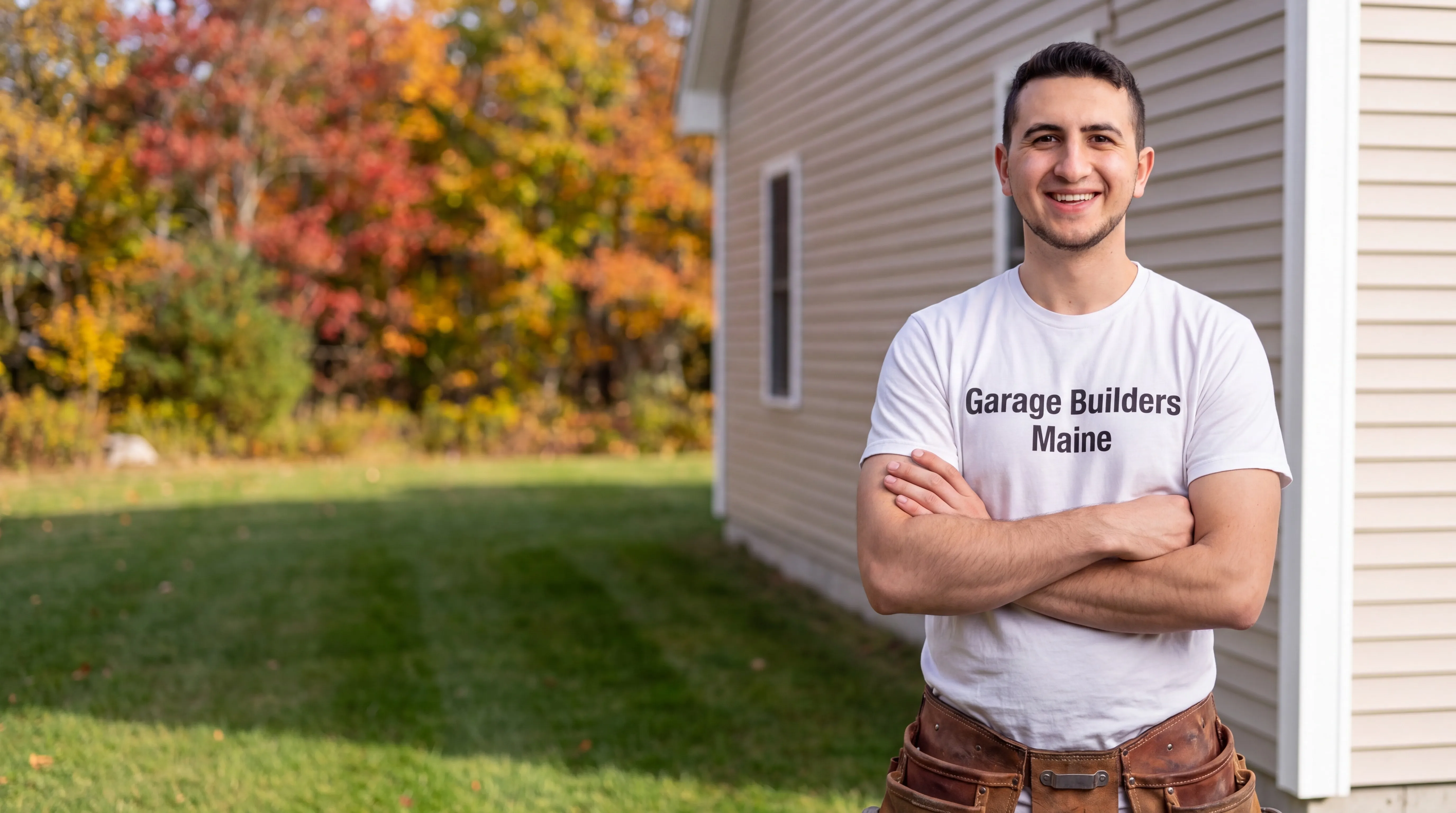 Owner of Garage Builders Maine standing with his arms crossed and smiling at a Maine job site