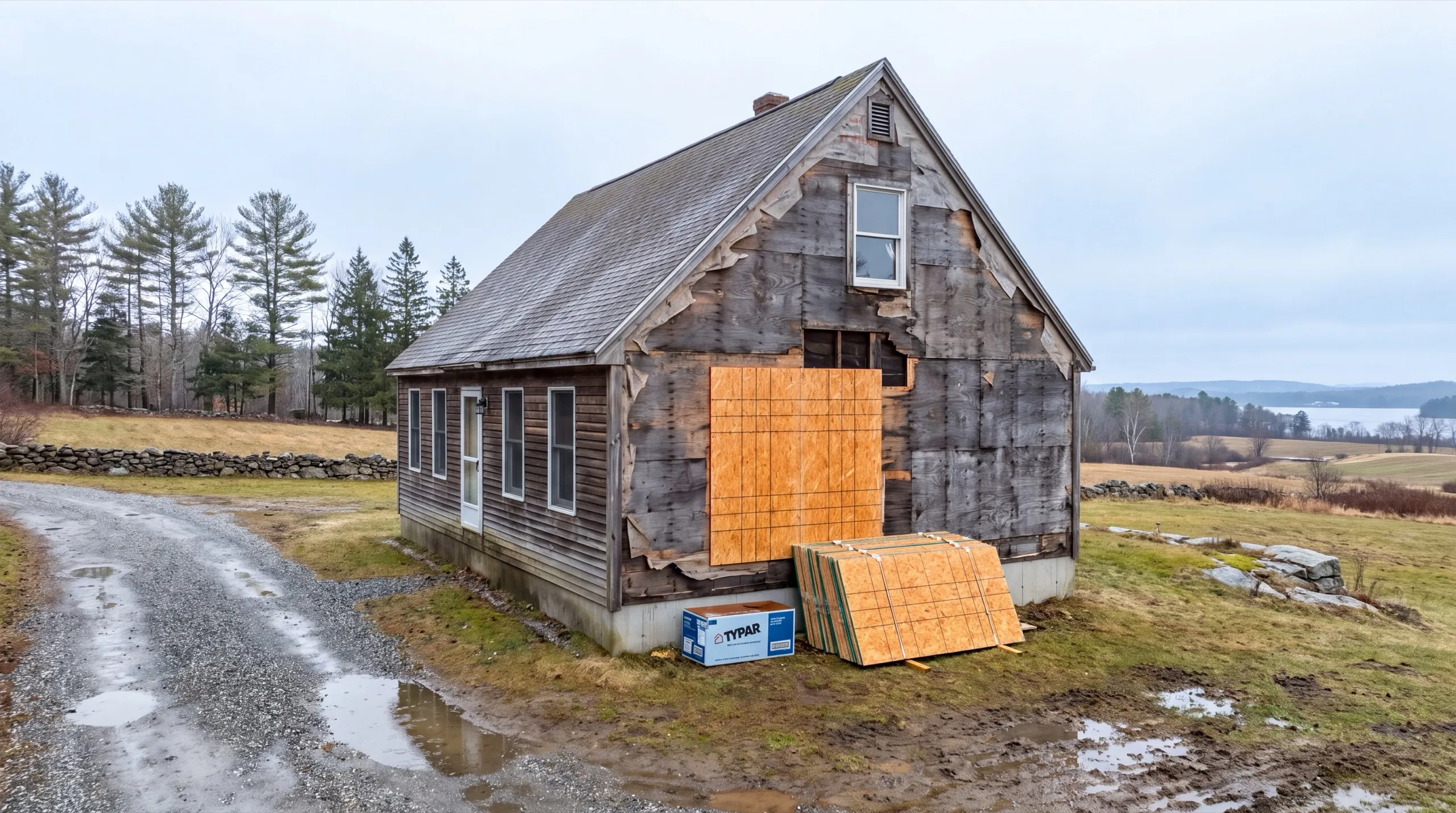 Siding contractor Sidney Maine: old board-sided cape with paper torn off one gable and a plywood patch